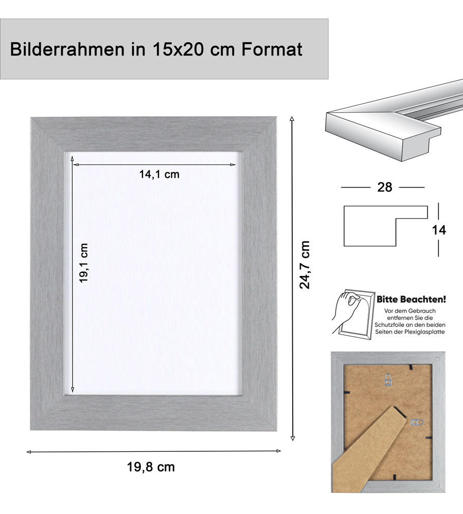 Bilderrahmen Holz Rahmen Plexi Acryl Collage Wanddeko Poster quadratisch S215 - Farbe: Silber | Format: 15x20