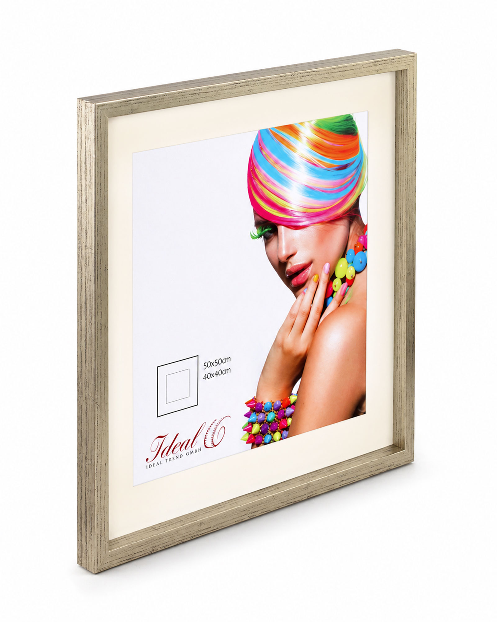 3D Objektrahmen Bilderrahmen mit Passepartout & gehärtetem Glas Holz MDF Rahmen Foto Poster - Farbe: Silber-Antik | Format: 50x50