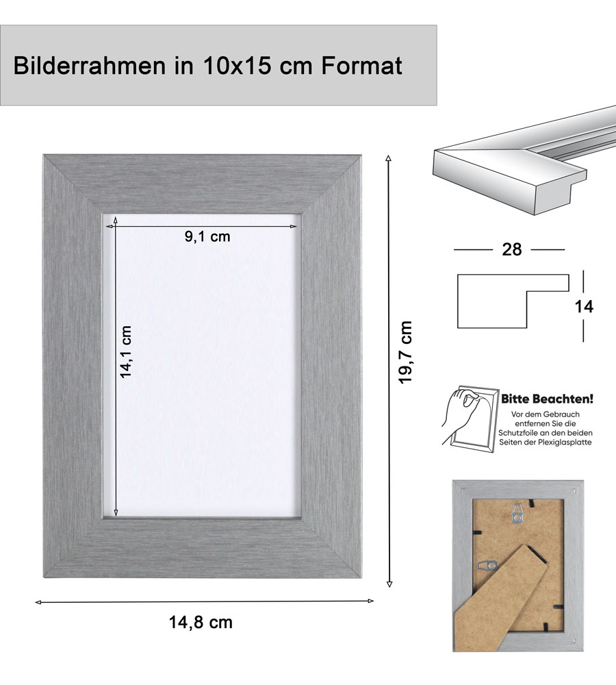 Bilderrahmen Holz Rahmen Plexi Acryl Collage Wanddeko Poster quadratisch S215 - Farbe: Silber | Format: 10x15