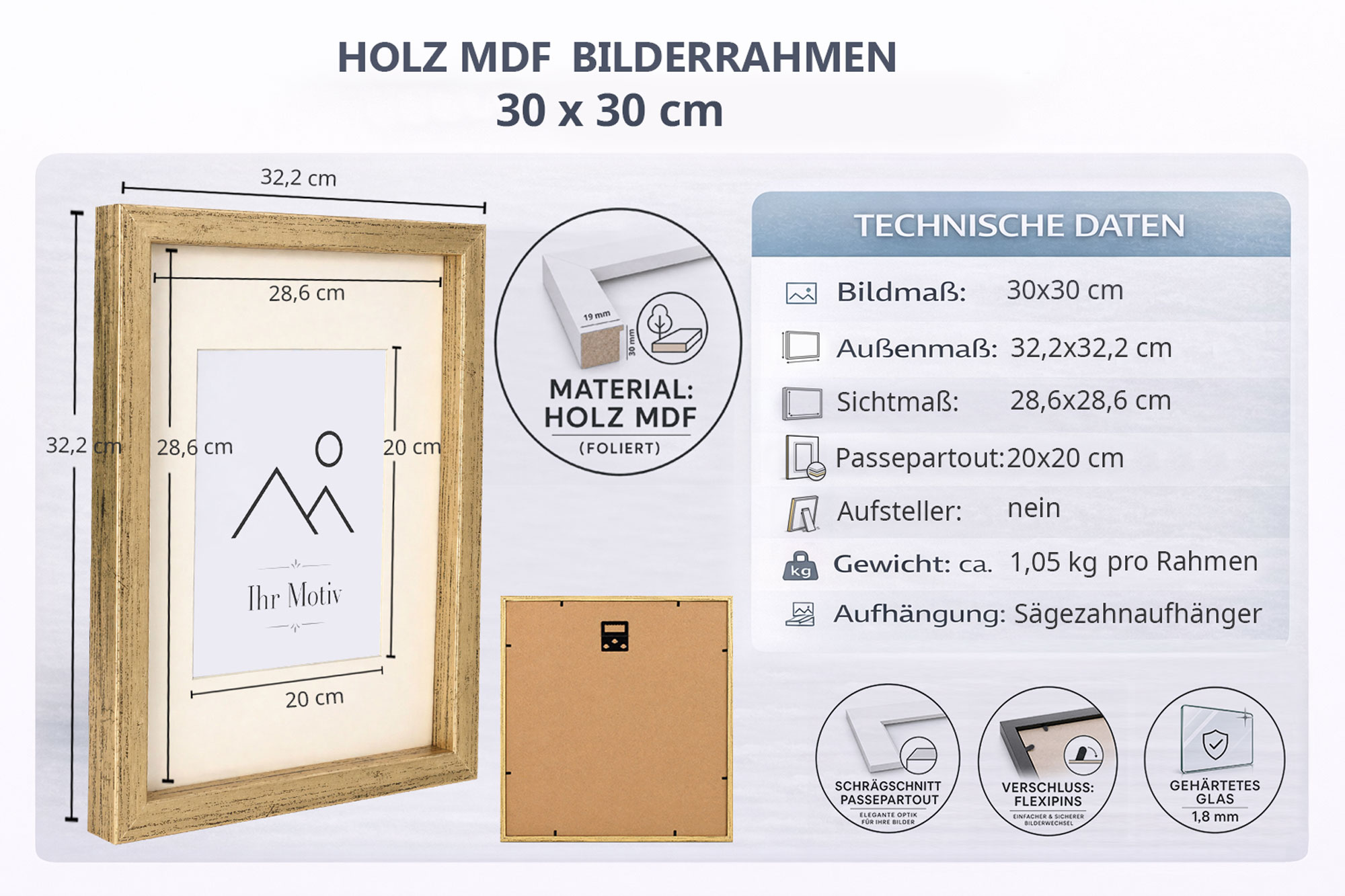 3D Objektrahmen Bilderrahmen mit Passepartout & gehärtetem Glas Holz MDF Rahmen Foto Poster - Farbe: Grau | Format: 30x30