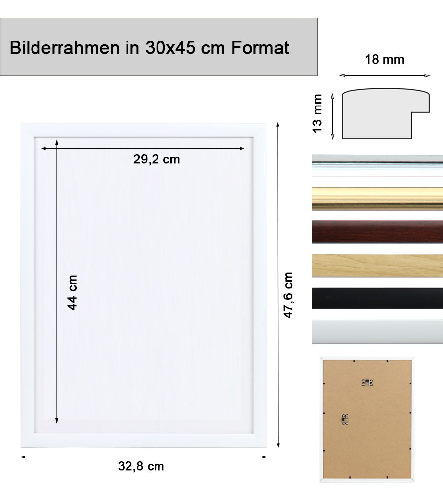 Kunststoffrahmen mit Klarglas Bilderrahmen PS-1 Frame Foto Collage Portraitrahmen Glasscheibe - Farbe: Weiß | Format: 30x45
