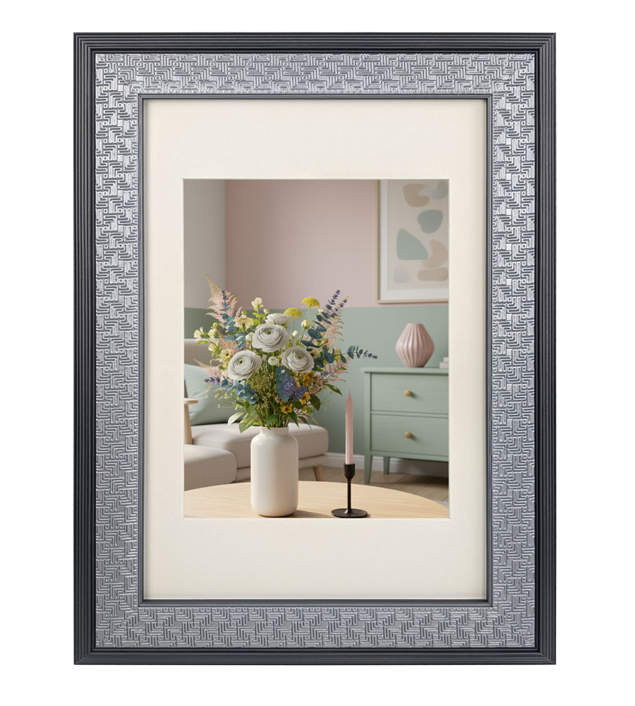 Antiker Bilderrahmen mit geometrischer Prägung & Passepartout Modern Glamour Antiker Bilderrahmen Barockrahmen PS-4 - Farbe: Silber | Format: 20x30