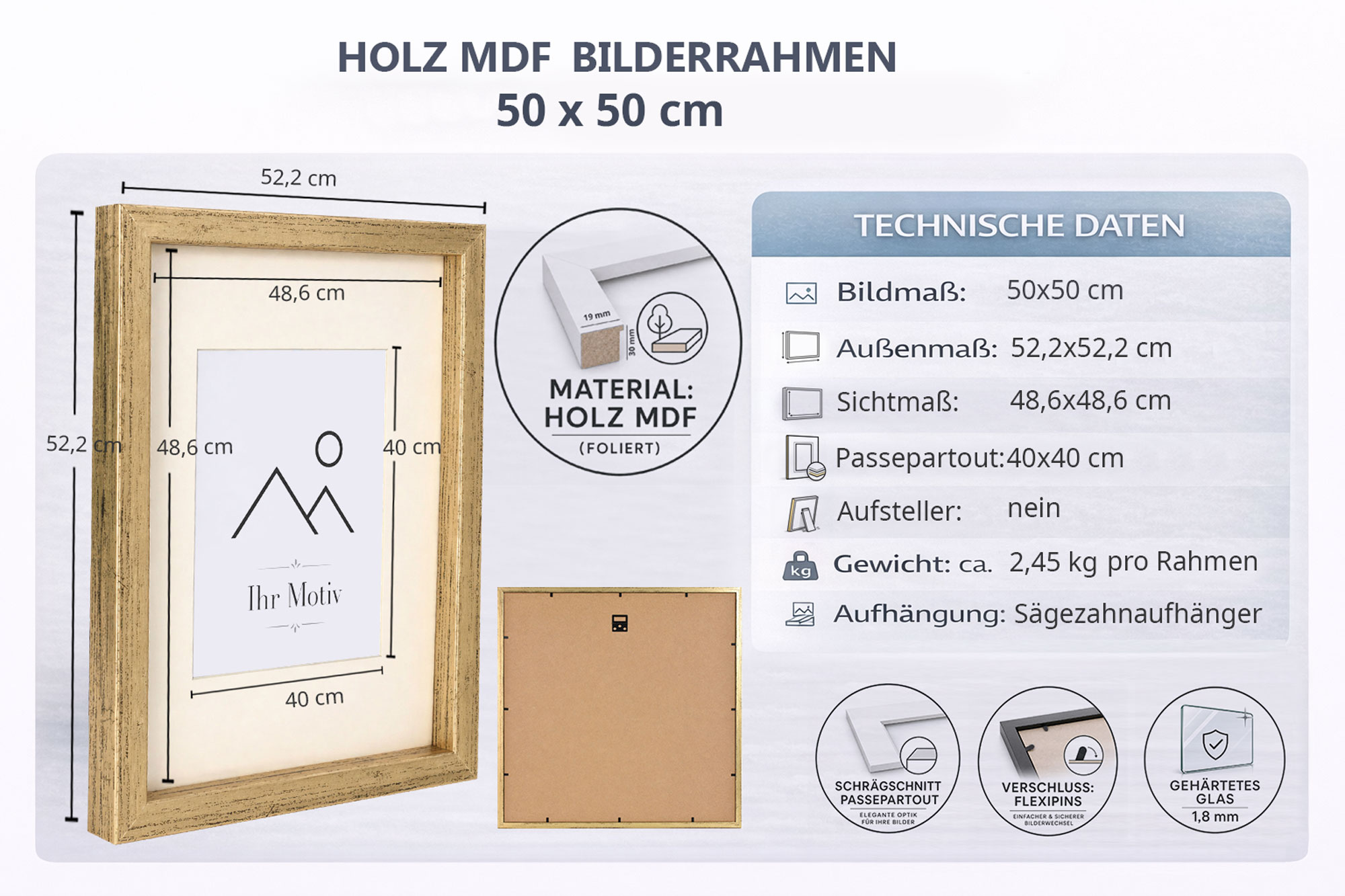 3D Objektrahmen Bilderrahmen mit Passepartout & gehärtetem Glas Holz MDF Rahmen Foto Poster - Farbe: Grau | Format: 50x50