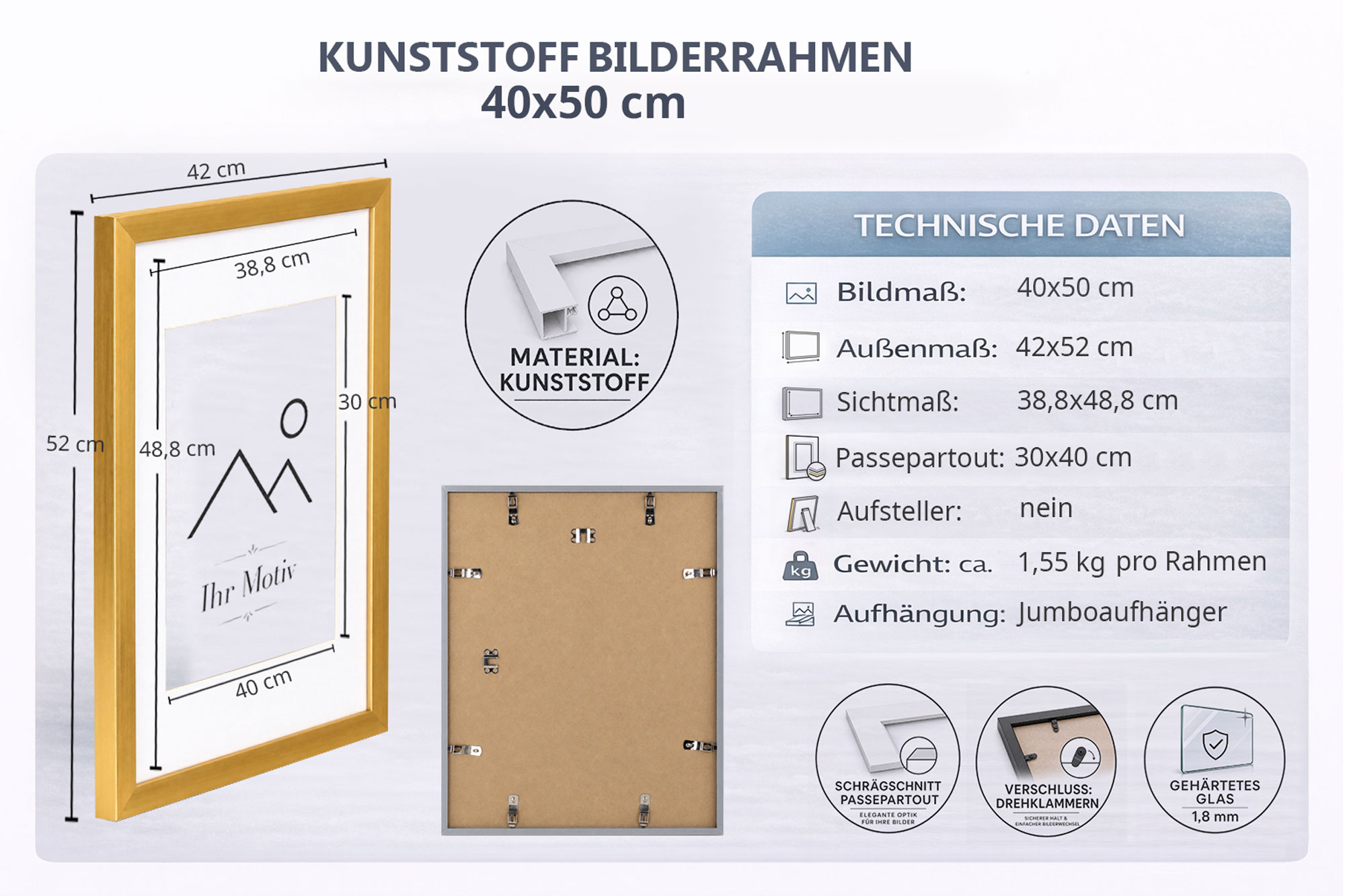 Kunststoff Bilderrahmen Modern Style mit gehärtetem Glas & Passepartout Blockprofil Collage Foto Rahmen Wanddeko für Fotowand - Farbe: Schwarz | Format: 40x50 | Pack: 3