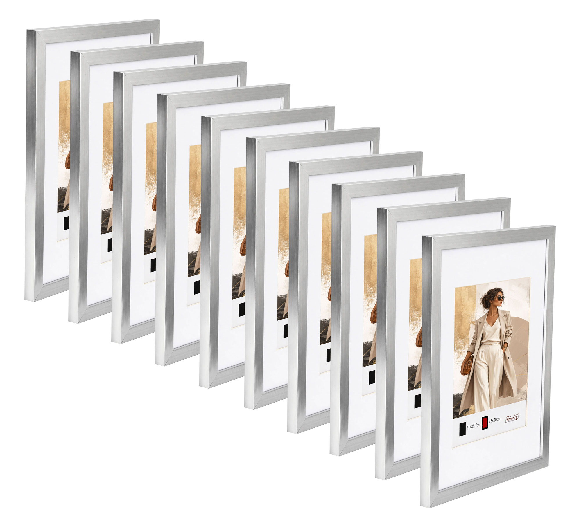 Kunststoff Bilderrahmen Modern Style mit gehärtetem Glas & Passepartout Blockprofil Collage Foto Rahmen Wanddeko für Fotowand - Farbe: Silber | Format: 40x50 | Pack: 10