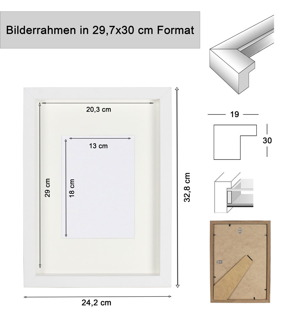 3D Objektrahmen Bilderrahmen mit Passepartout & gehärtetem Glas Holz MDF Rahmen Foto Poster - Farbe: Silber-Antik | Format: 21x29,7
