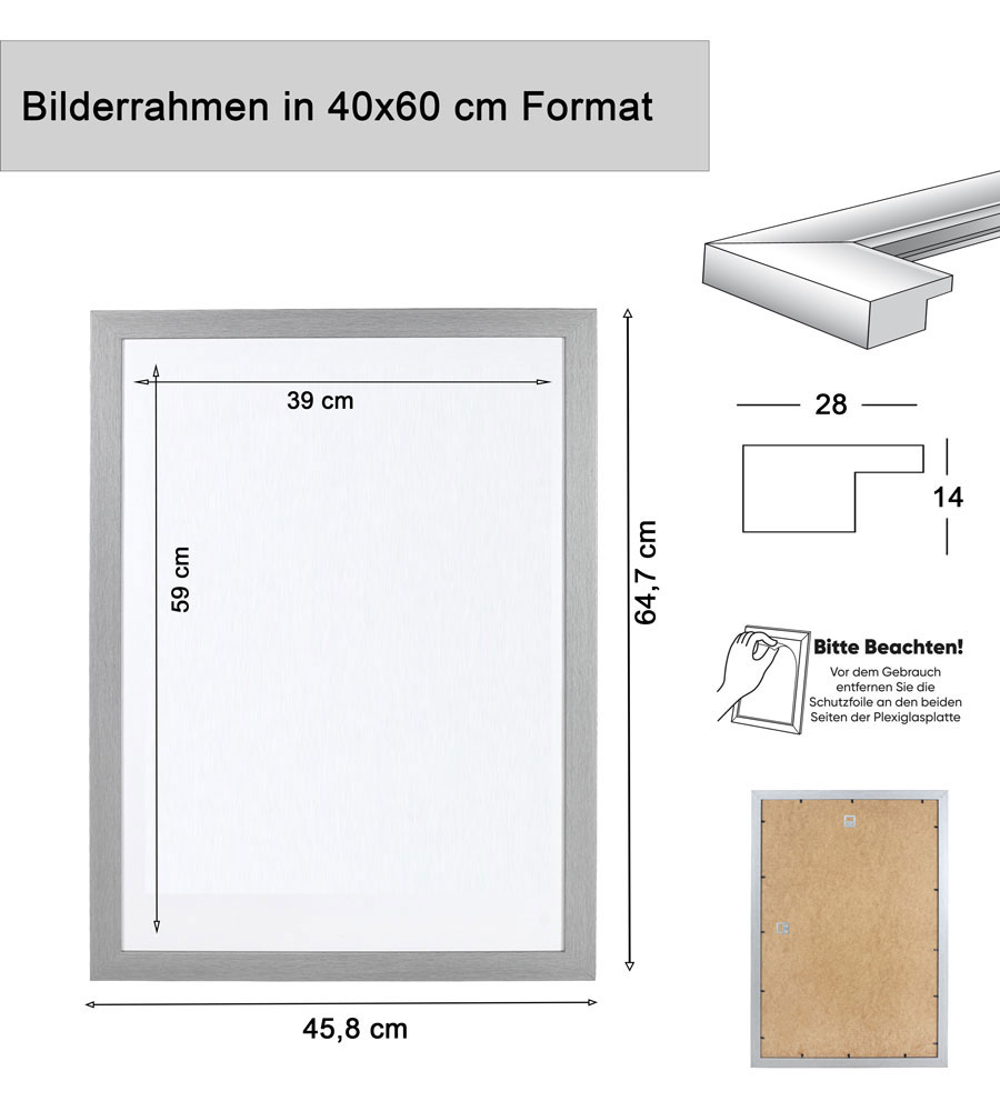 Bilderrahmen Holz Rahmen Plexi Acryl Collage Wanddeko Poster quadratisch S215 - Farbe: Silber | Format: 40x60