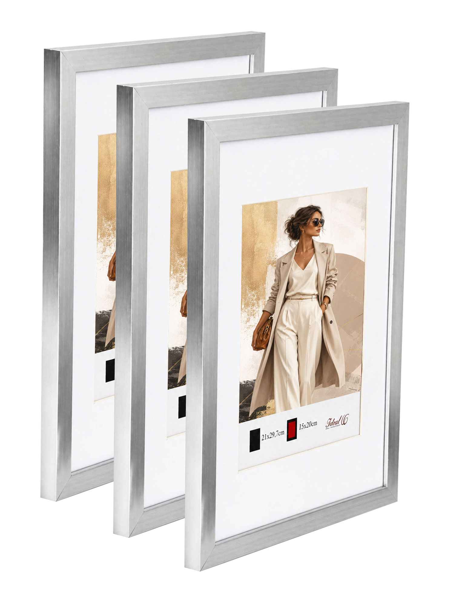 Kunststoff Bilderrahmen Modern Style mit gehärtetem Glas & Passepartout Blockprofil Collage Foto Rahmen Wanddeko für Fotowand - Farbe: Silber | Format: 30x45 | Pack: 3