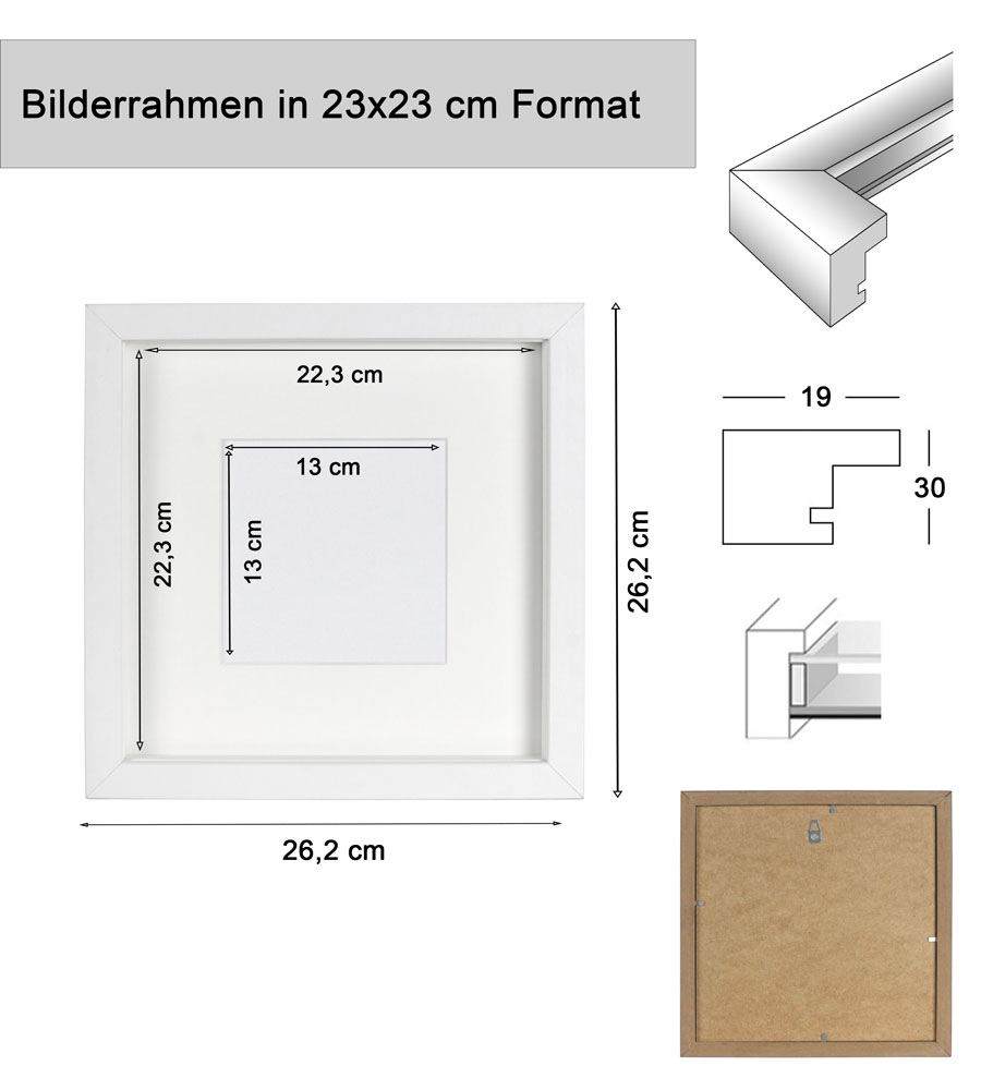 3D Objektrahmen Bilderrahmen mit Passepartout & gehärtetem Glas Holz MDF Rahmen Foto Poster - Farbe: Gold-Antik | Format: 23x23