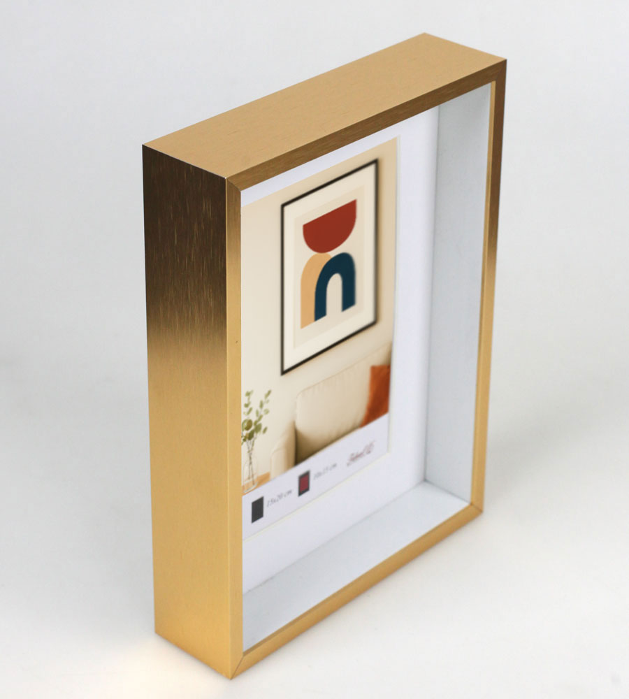 Aluminium Bilderrahmen 3D Rahmen mit Passepartout & gehärtetem Glas Fotorahmen Wandrahmen AL-3 - Farbe: Gold | Format: 15x20