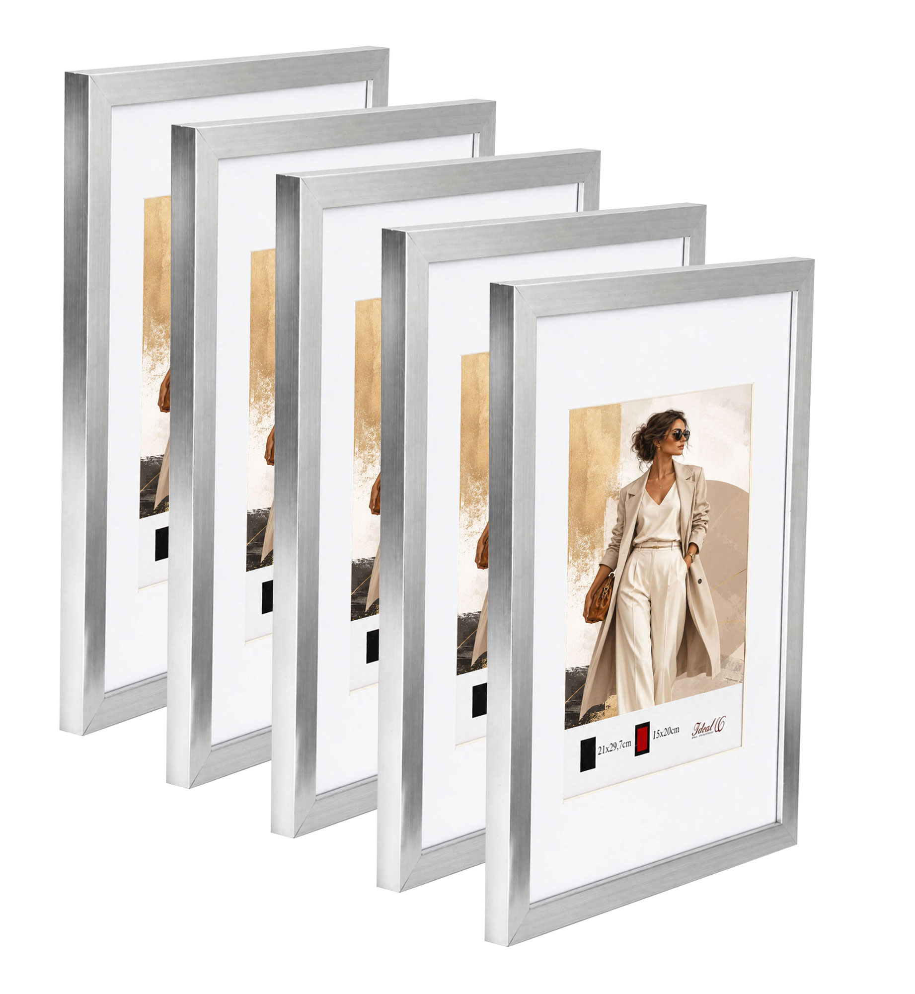 Kunststoff Bilderrahmen Modern Style mit gehärtetem Glas & Passepartout Blockprofil Collage Foto Rahmen Wanddeko für Fotowand - Farbe: Silber | Format: 30x45 | Pack: 5