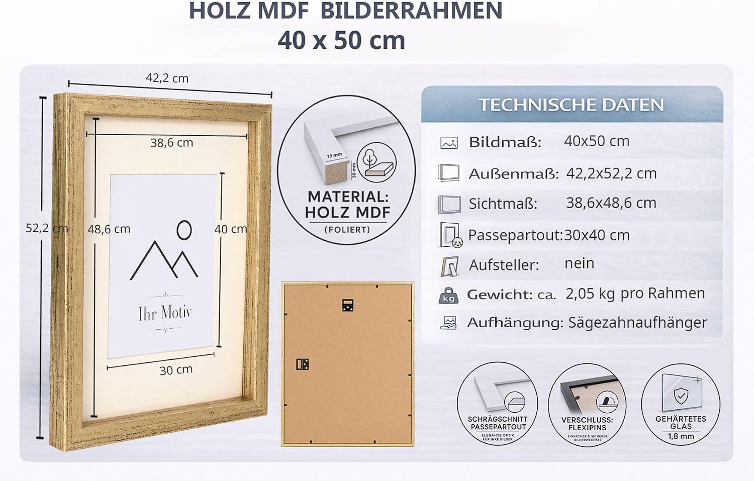 3D Objektrahmen Bilderrahmen mit Passepartout & gehärtetem Glas Holz MDF Rahmen Foto Poster - Farbe: Natur | Format: 40x50