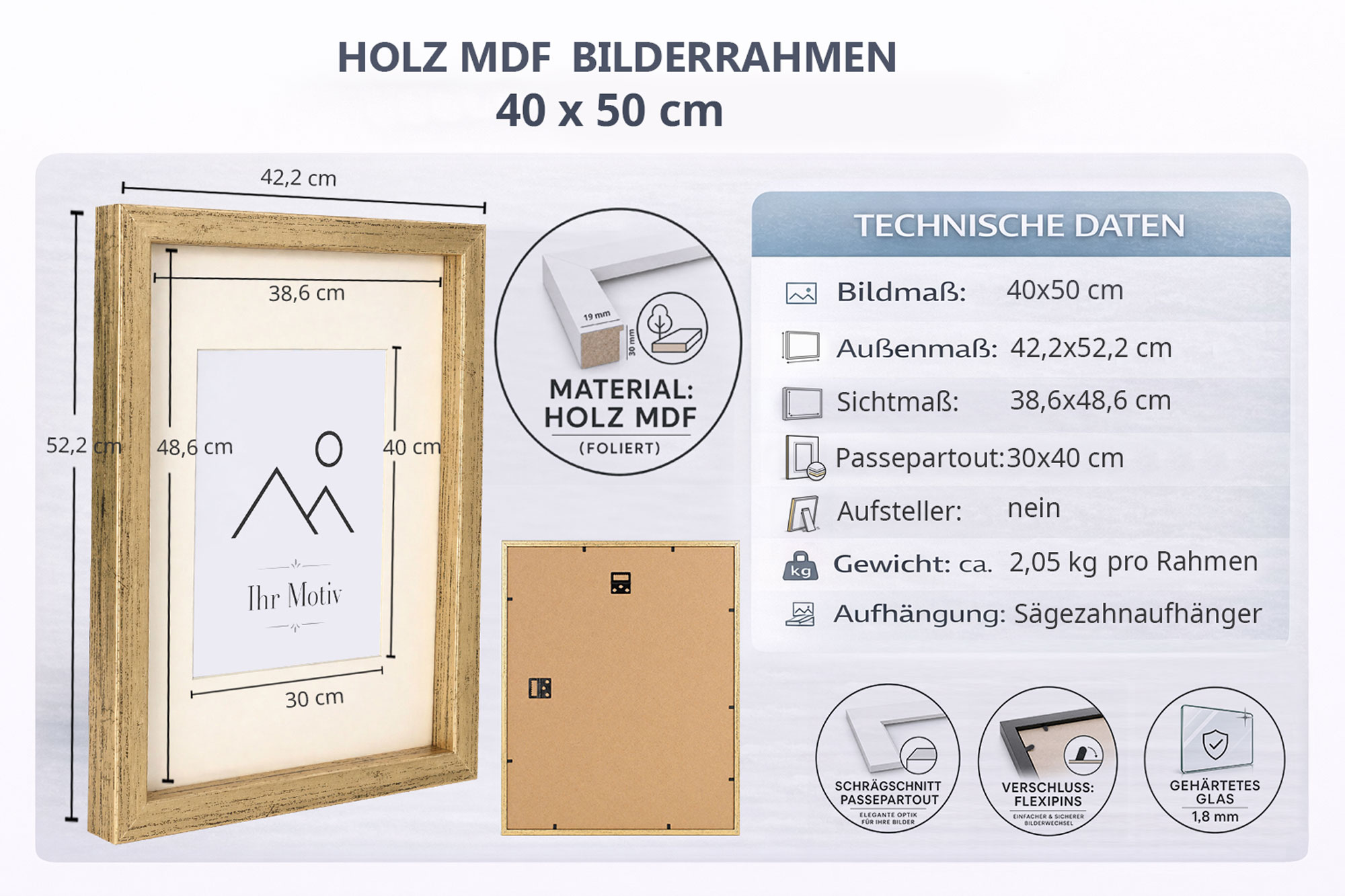 3D Objektrahmen Bilderrahmen mit Passepartout & gehärtetem Glas Holz MDF Rahmen Foto Poster - Farbe: Silber-Antik | Format: 40x50