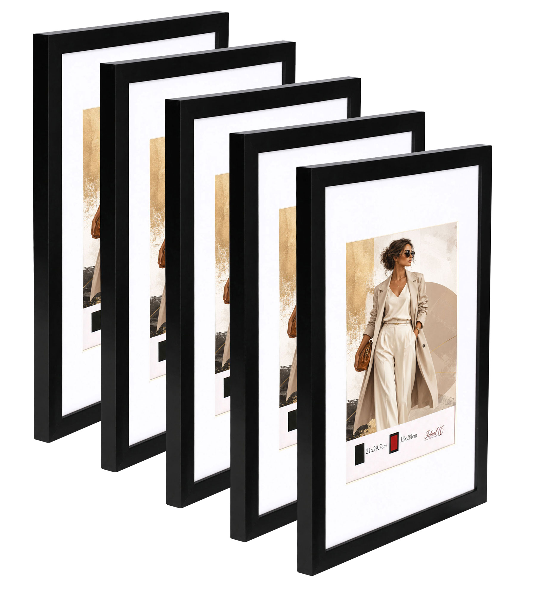 Kunststoff Bilderrahmen Modern Style mit gehärtetem Glas & Passepartout Blockprofil Collage Foto Rahmen Wanddeko für Fotowand - Farbe: Schwarz | Format: 50x50 | Pack: 5