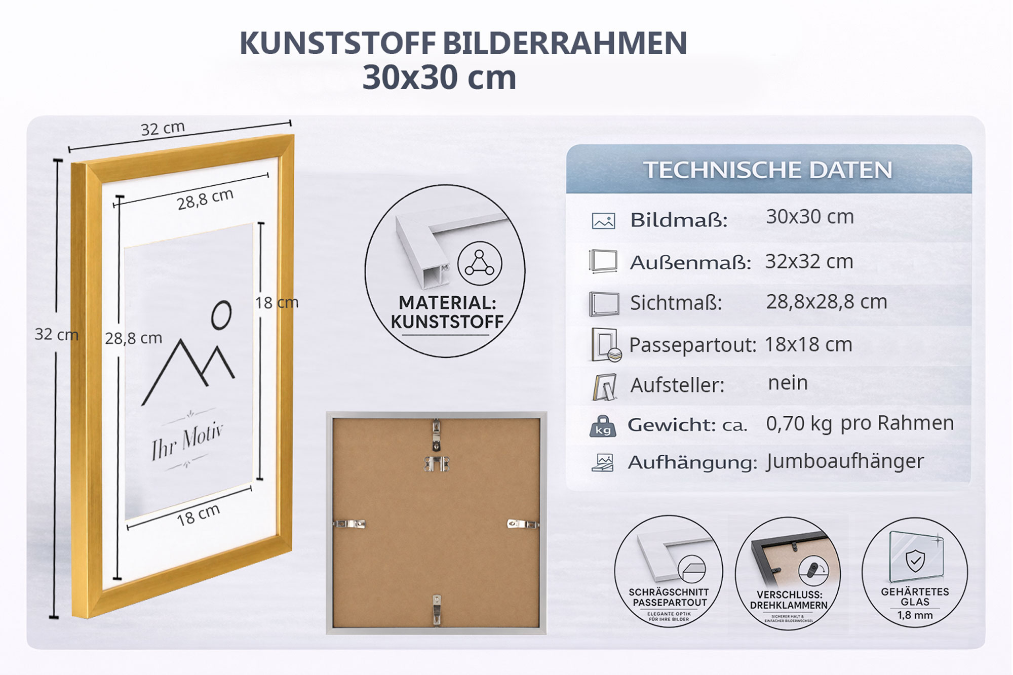 Kunststoff Bilderrahmen Modern Style mit gehärtetem Glas & Passepartout Blockprofil Collage Foto Rahmen Wanddeko für Fotowand - Farbe: Gold | Format: 30x30 | Pack: 10