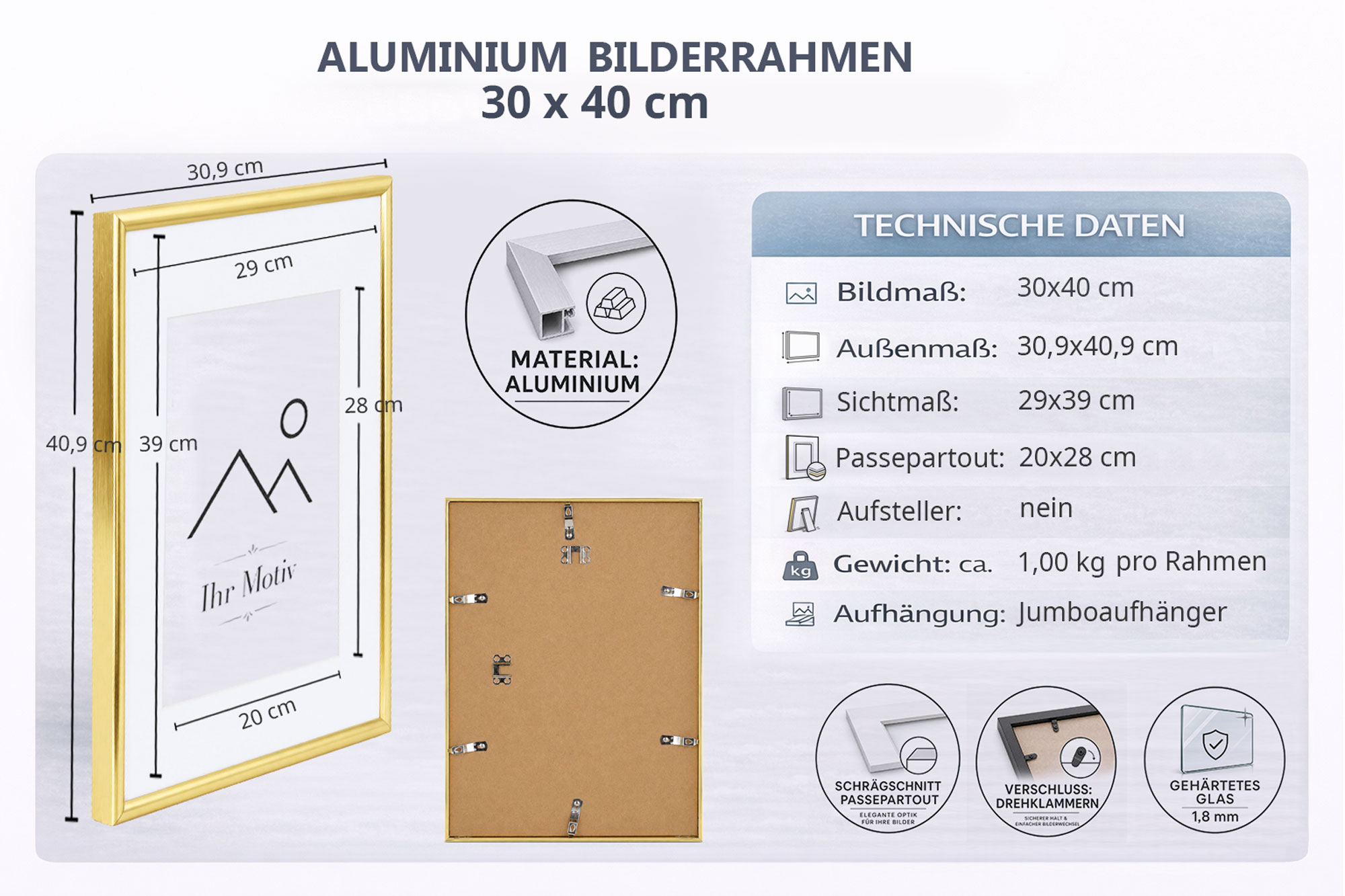 Aluminium Bilderrahmen mit Passepartout, gehärtetem Klarglas Metallrahmen - Farbe: Silber | Format: 30x40 | Pack: 1