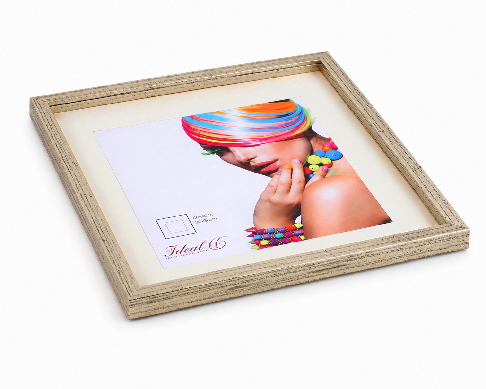 3D Objektrahmen Bilderrahmen mit Passepartout & gehärtetem Glas Holz MDF Rahmen Foto Poster - Farbe: Silber-Antik | Format: 40x40