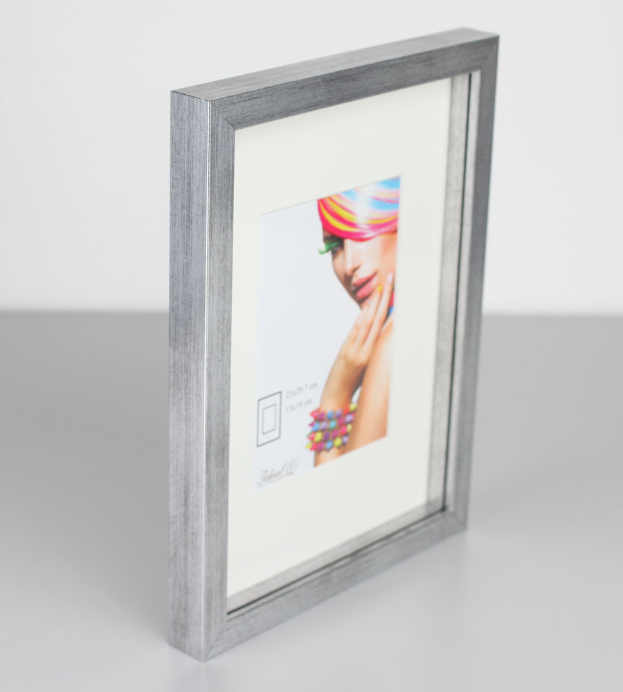 3D Objektrahmen Bilderrahmen mit Passepartout & gehärtetem Glas Holz MDF Rahmen Foto Poster - Farbe: Silber-Antik | Format: 40x40