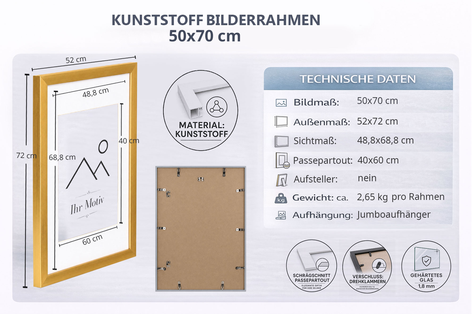 Kunststoff Bilderrahmen Modern Style mit gehärtetem Glas & Passepartout Blockprofil Collage Foto Rahmen Wanddeko für Fotowand - Farbe: Weiß | Format: 50x70 | Pack: 1