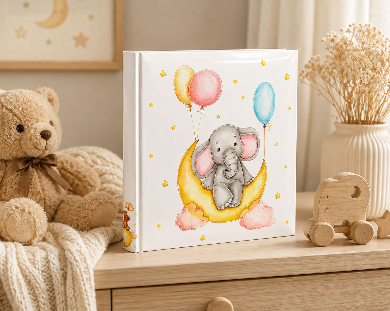 Cat & Bears Fotoalbum 30x30 cm 100 weiße Seiten Baby Kinder Foto Album Fotobuch - Farbe: Elefant & Moon