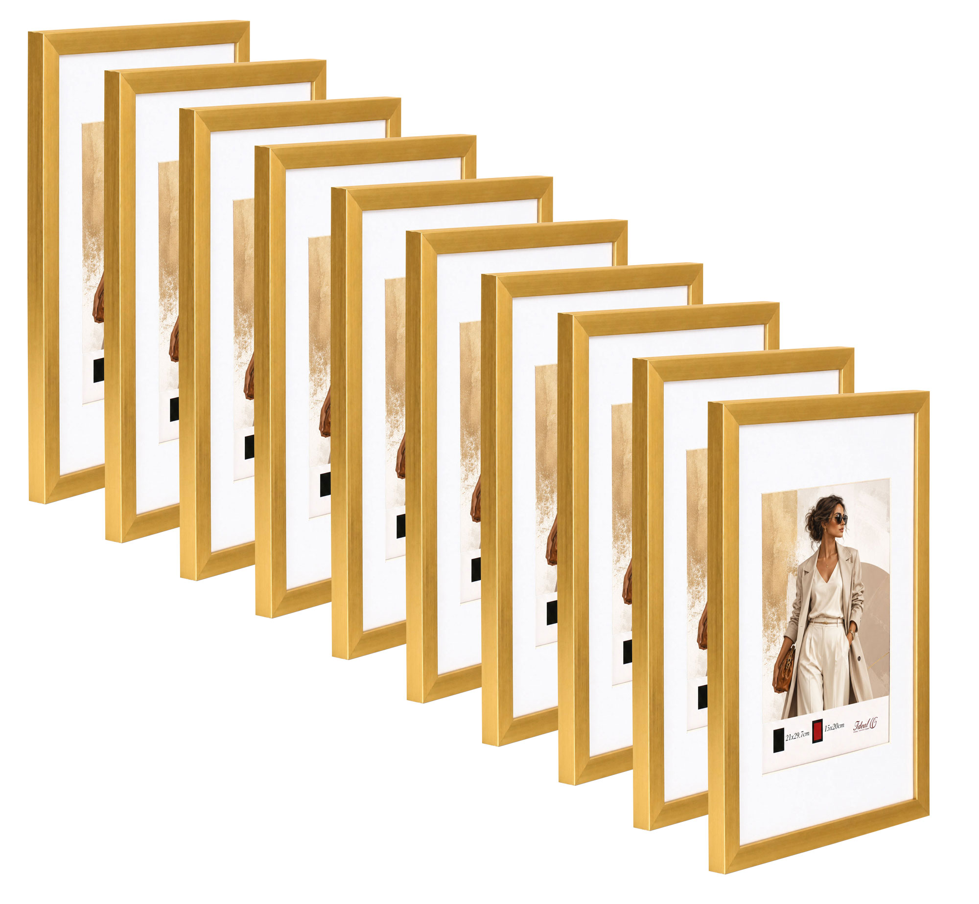 Kunststoff Bilderrahmen Modern Style mit gehärtetem Glas & Passepartout Blockprofil Collage Foto Rahmen Wanddeko für Fotowand - Farbe: Gold | Format: 30x30 | Pack: 10