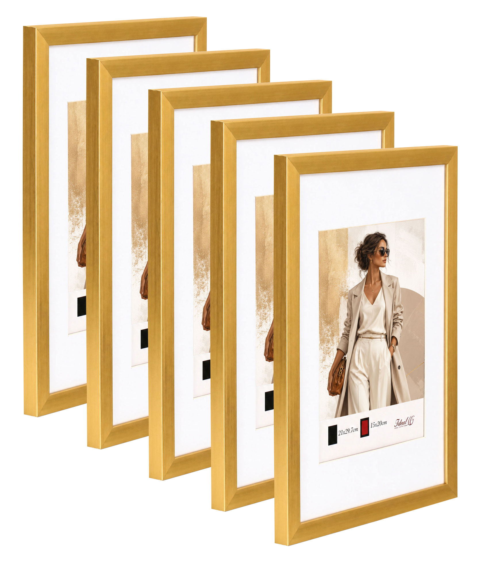 Kunststoff Bilderrahmen Modern Style mit gehärtetem Glas & Passepartout Blockprofil Collage Foto Rahmen Wanddeko für Fotowand - Farbe: Gold | Format: 50x50 | Pack: 5