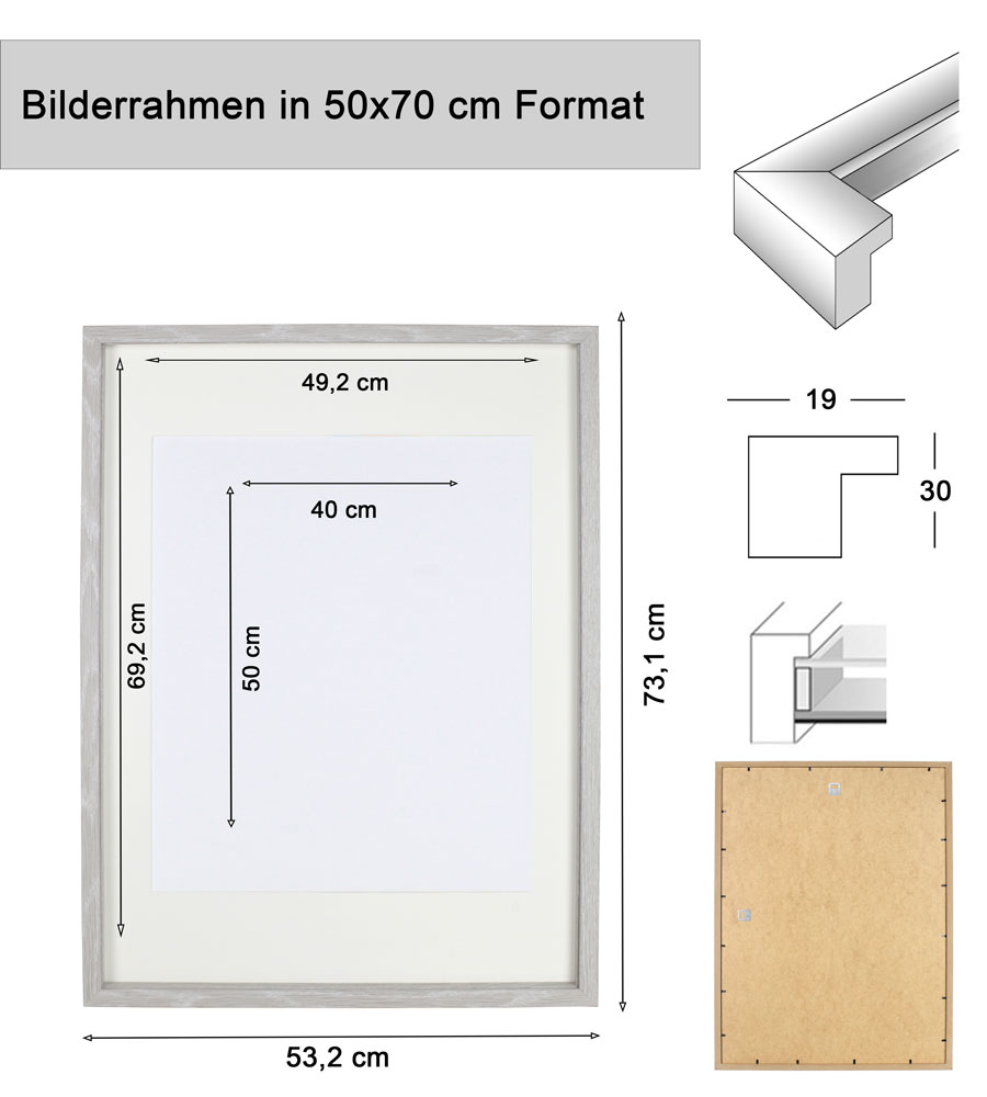 3D Objektrahmen Bilderrahmen mit Passepartout & gehärtetem Glas Holz MDF Rahmen Foto Poster - Farbe: Silber-Antik | Format: 50x70