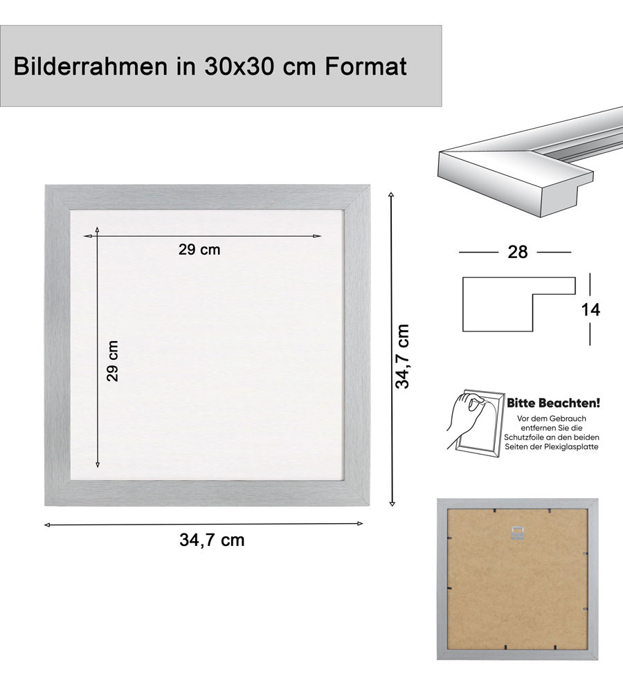 Bilderrahmen Holz Rahmen Plexi Acryl Collage Wanddeko Poster quadratisch S215 - Farbe: Grau | Format: 30x30