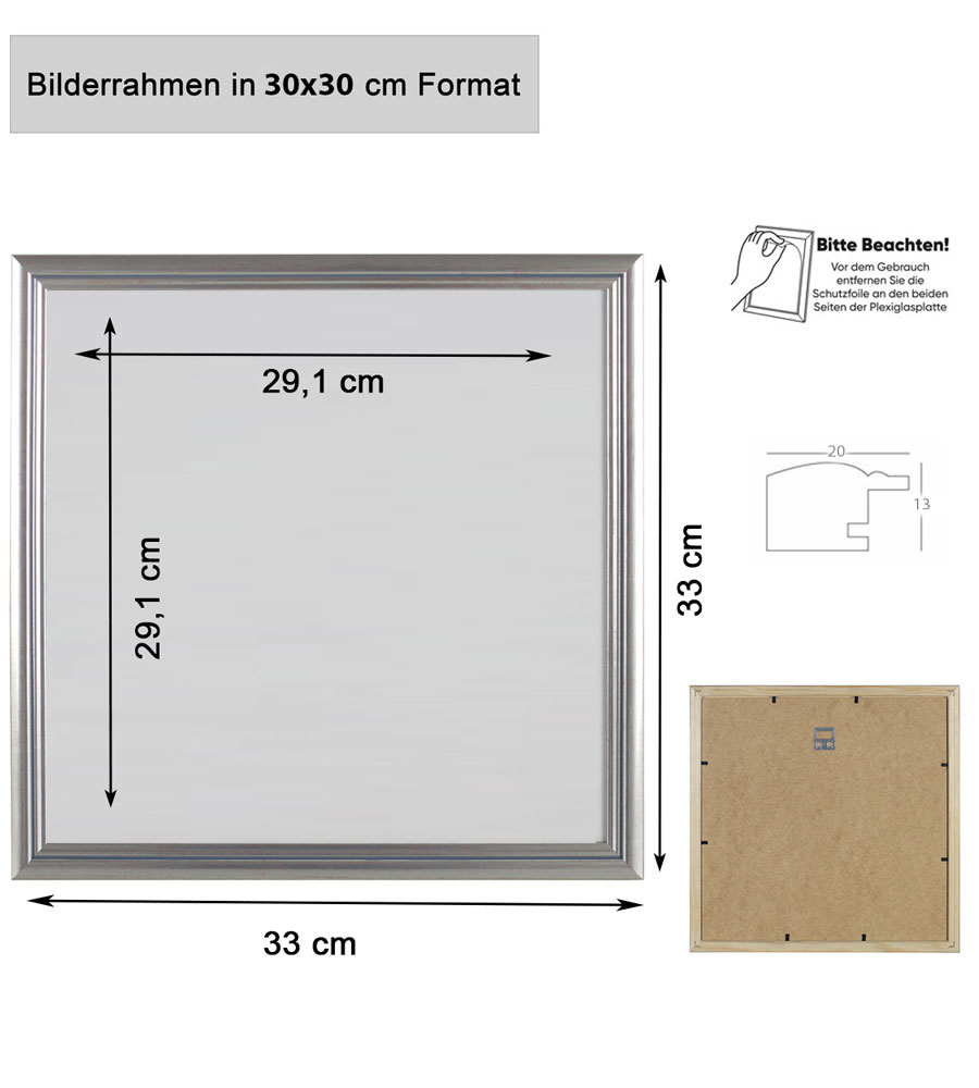Artos Holz Bilderrahmen Acrylglas Plexi Lifestyle Foto Rahmen Collage Wanddeko Poster - Farbe: Silber | Format: 30x30