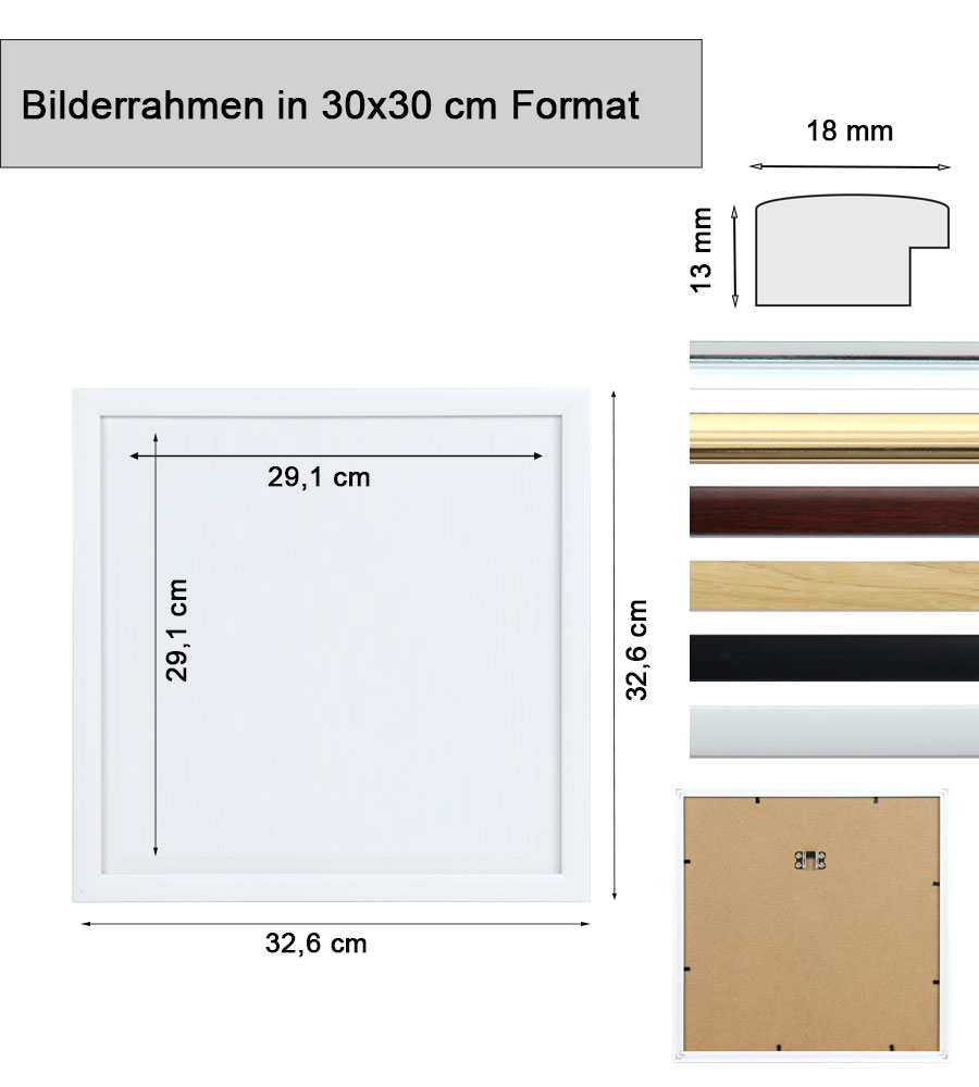 Kunststoffrahmen mit Klarglas Bilderrahmen PS-1 Frame Foto Collage Portraitrahmen Glasscheibe - Farbe: Silber | Format: 30x30