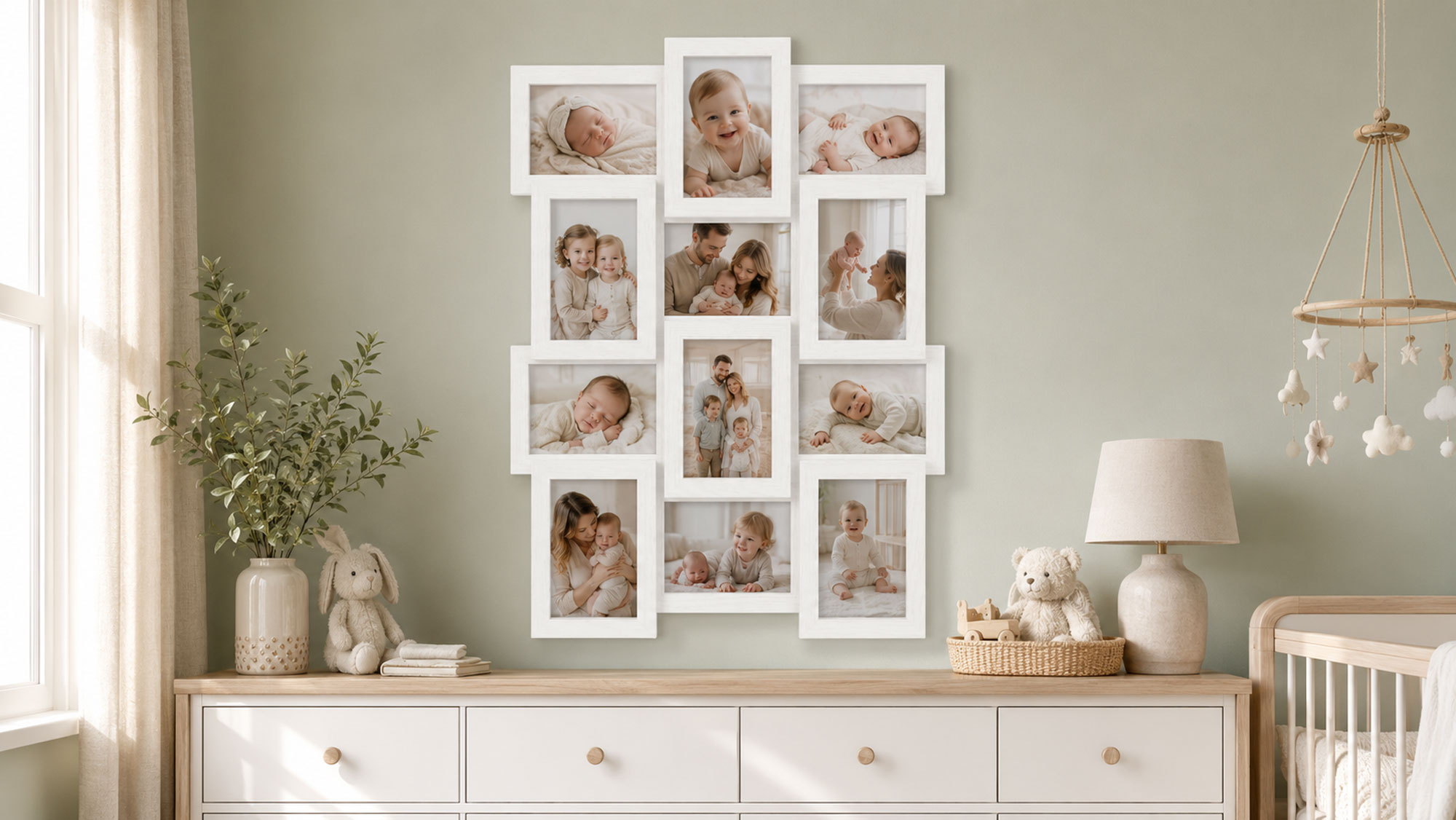Stilvolle Momente – Bilderrahmen Collage für 12 Fotos | Galerierahmen Wanddeko für Fotowand & Geschenkideen - Farbe: Weiß | Format: 10x15