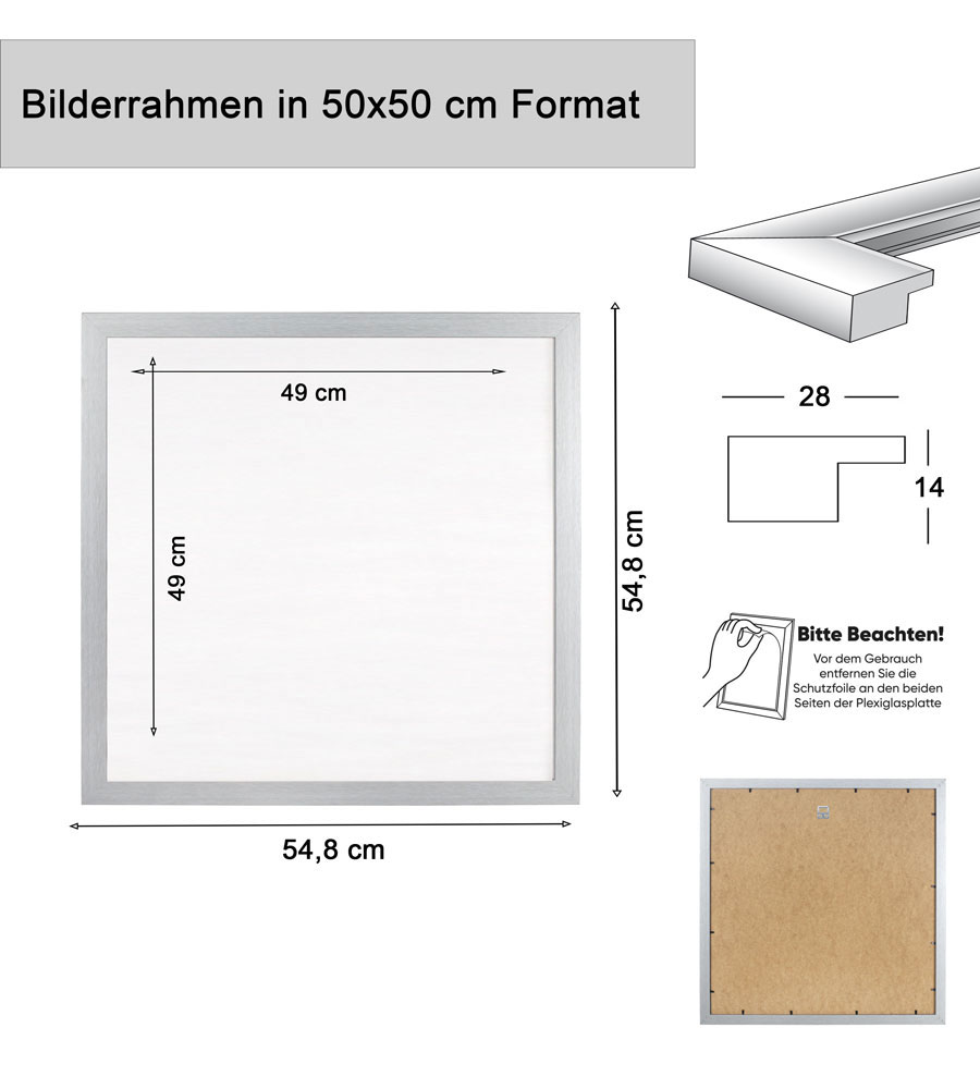 Bilderrahmen Holz Rahmen Plexi Acryl Collage Wanddeko Poster quadratisch S215 - Farbe: Gold | Format: 50x50