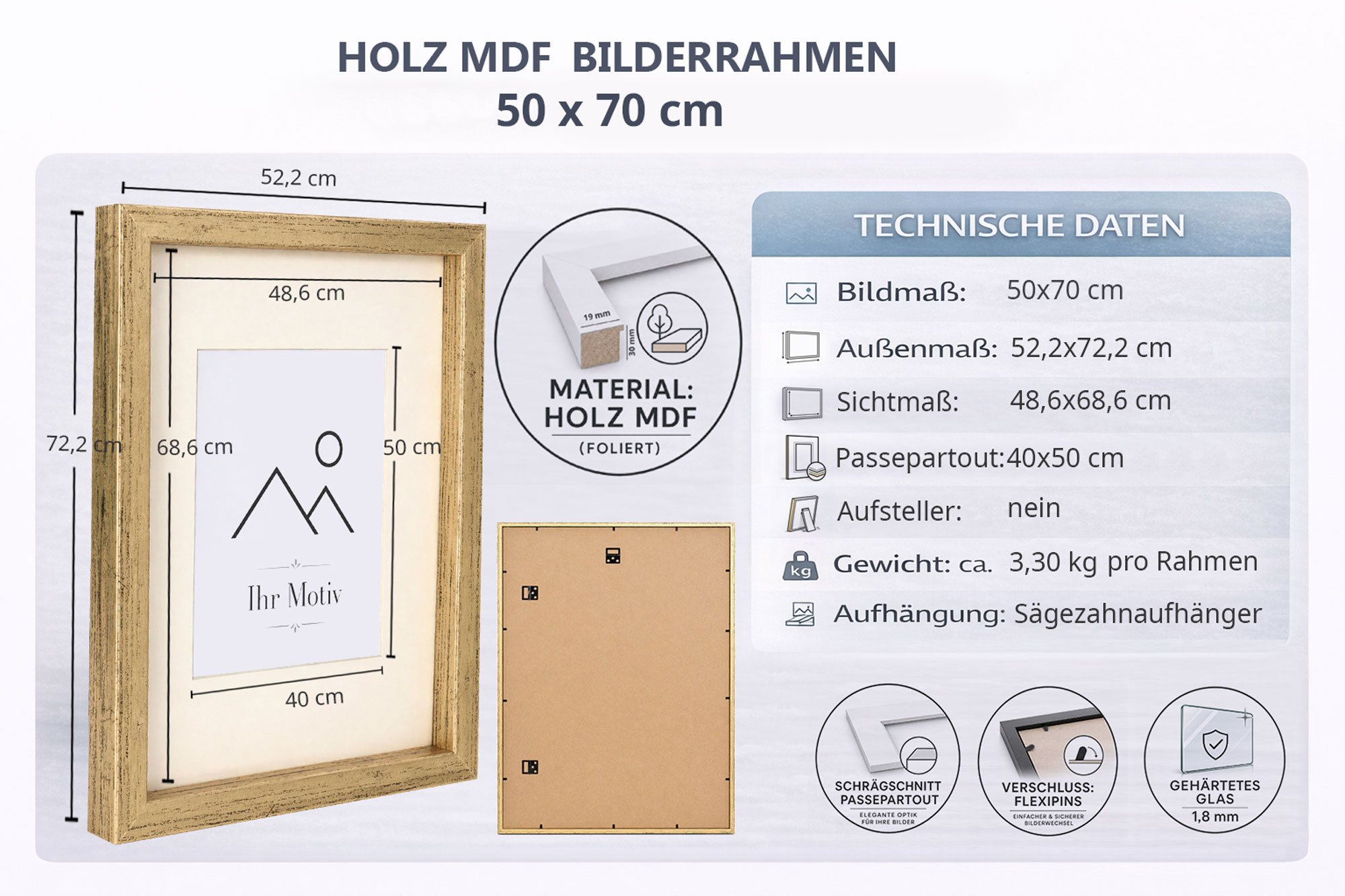 3D Objektrahmen Bilderrahmen mit Passepartout & gehärtetem Glas Holz MDF Rahmen Foto Poster - Farbe: Weiß | Format: 50x70