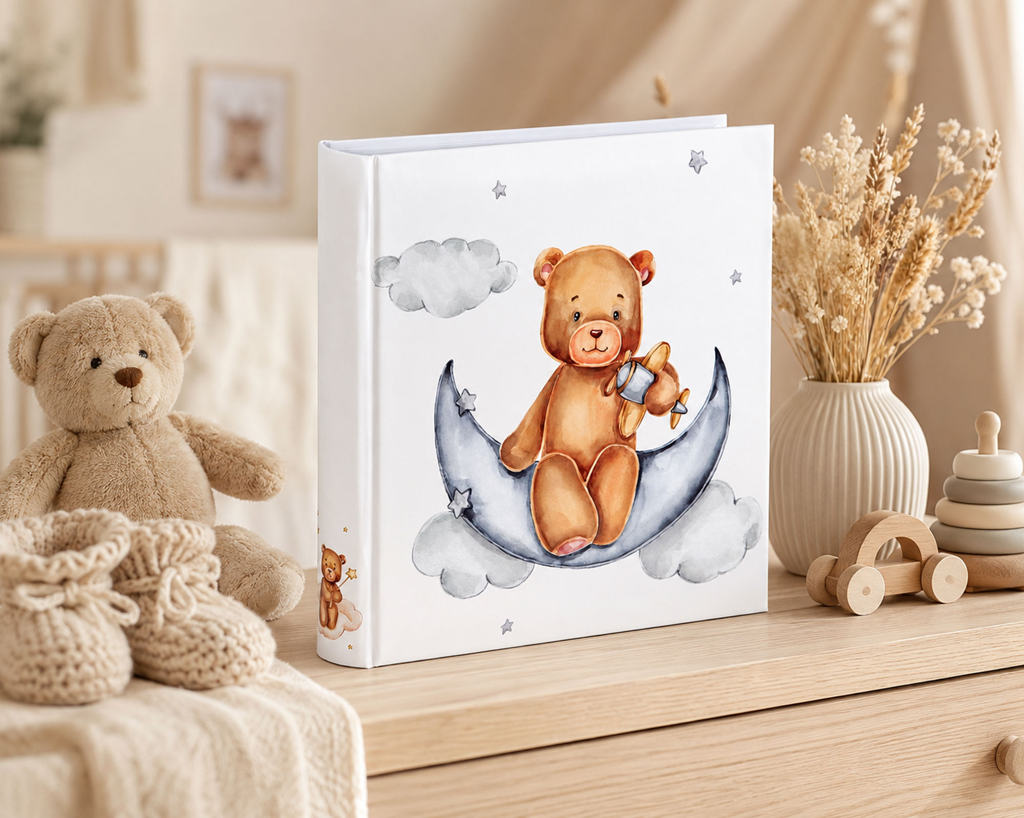 Cat & Bears Fotoalbum 30x30 cm 100 weiße Seiten Baby Kinder Foto Album Fotobuch - Farbe: Bear & Moon