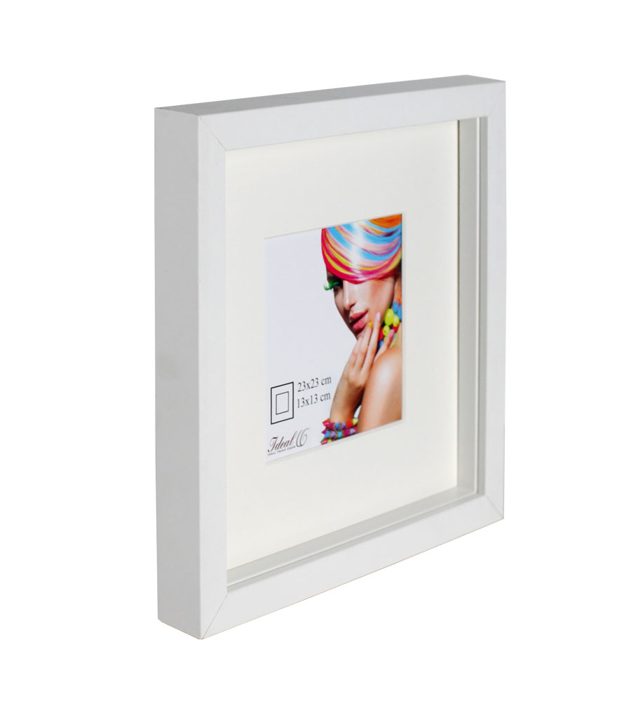 3D Objektrahmen Bilderrahmen mit Passepartout & gehärtetem Glas Holz MDF Rahmen Foto Poster - Farbe: Weiß | Format: 23x23