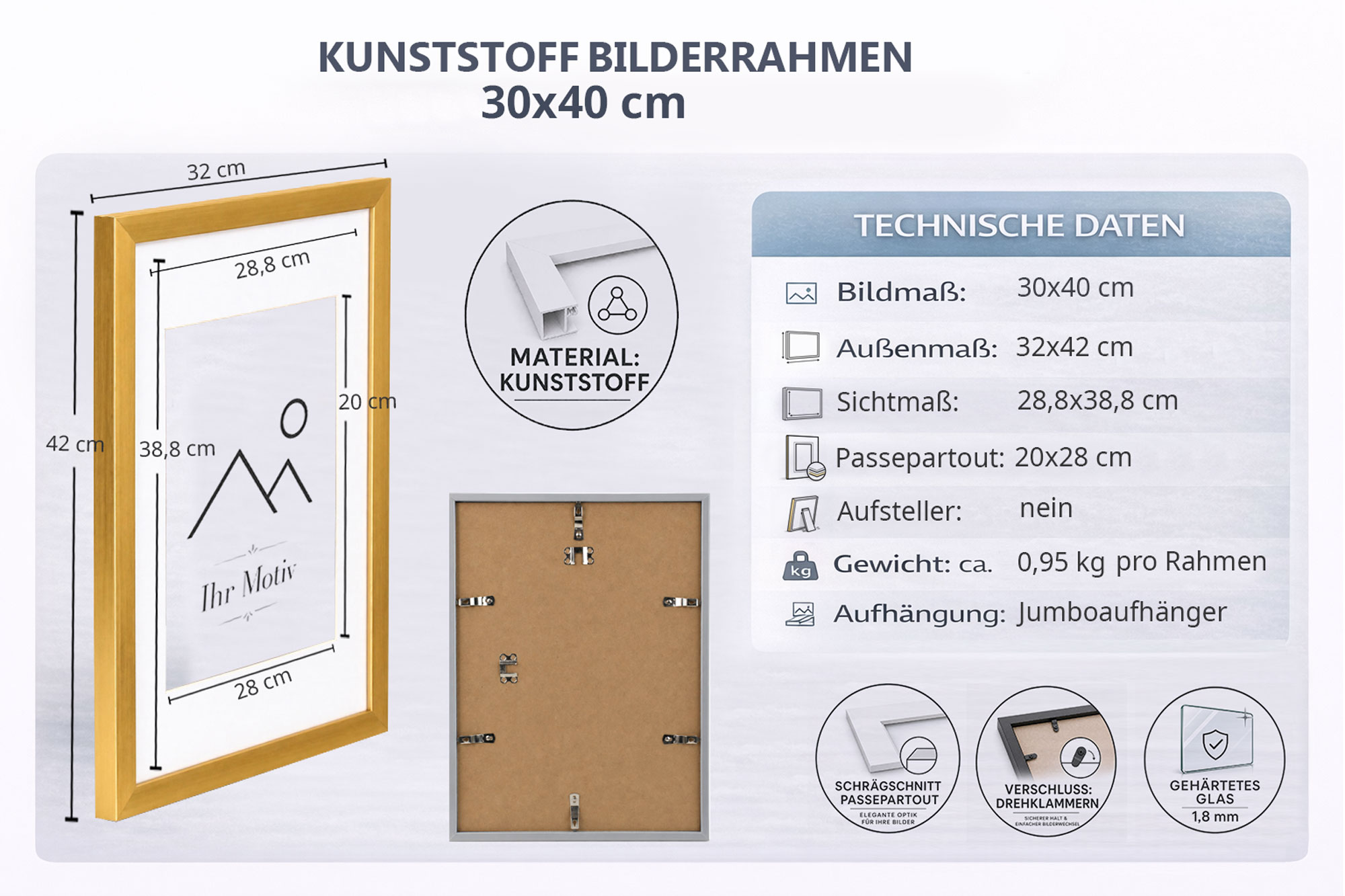 Kunststoff Bilderrahmen Modern Style mit gehärtetem Glas & Passepartout Blockprofil Collage Foto Rahmen Wanddeko für Fotowand - Farbe: Schwarz | Format: 30x40 | Pack: 10