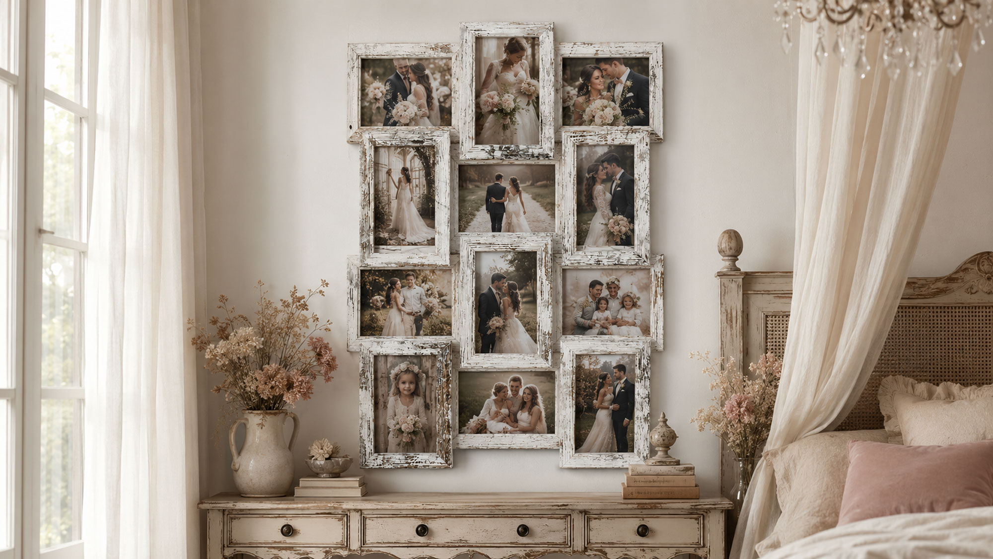 Stilvolle Momente – Bilderrahmen Collage für 12 Fotos | Galerierahmen Wanddeko für Fotowand & Geschenkideen - Farbe: Shabby Weiß | Format: 13x18