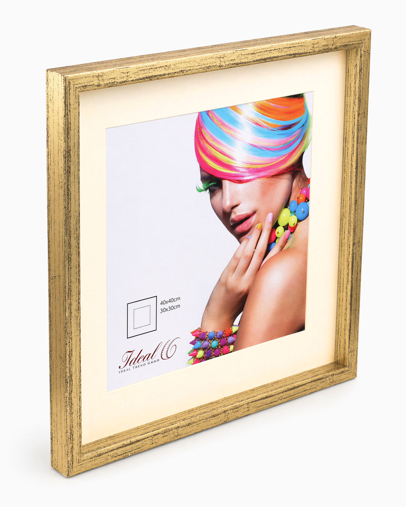 3D Objektrahmen Bilderrahmen mit Passepartout & gehärtetem Glas Holz MDF Rahmen Foto Poster - Farbe: Gold-Antik | Format: 40x40