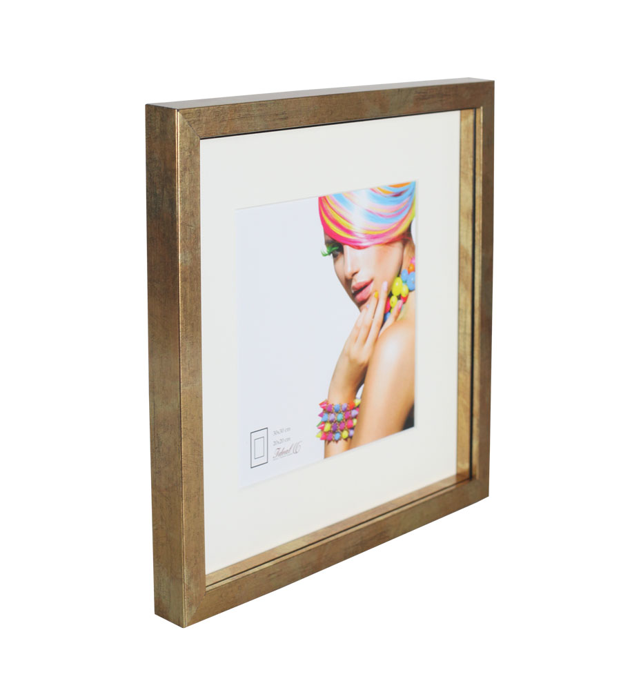3D Objektrahmen Bilderrahmen mit Passepartout & gehärtetem Glas Holz MDF Rahmen Foto Poster - Farbe: Gold-Antik | Format: 30x30