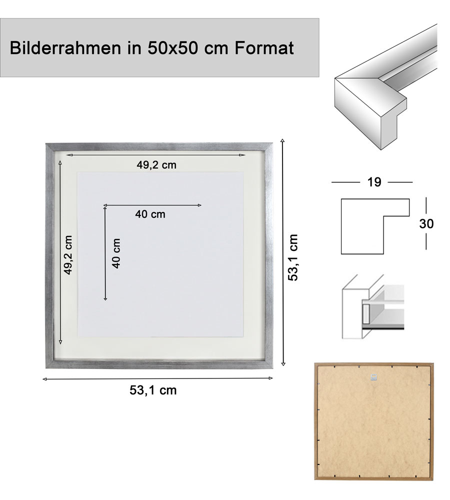 3D Objektrahmen Bilderrahmen mit Passepartout & gehärtetem Glas Holz MDF Rahmen Foto Poster - Farbe: Silber-Antik | Format: 50x50