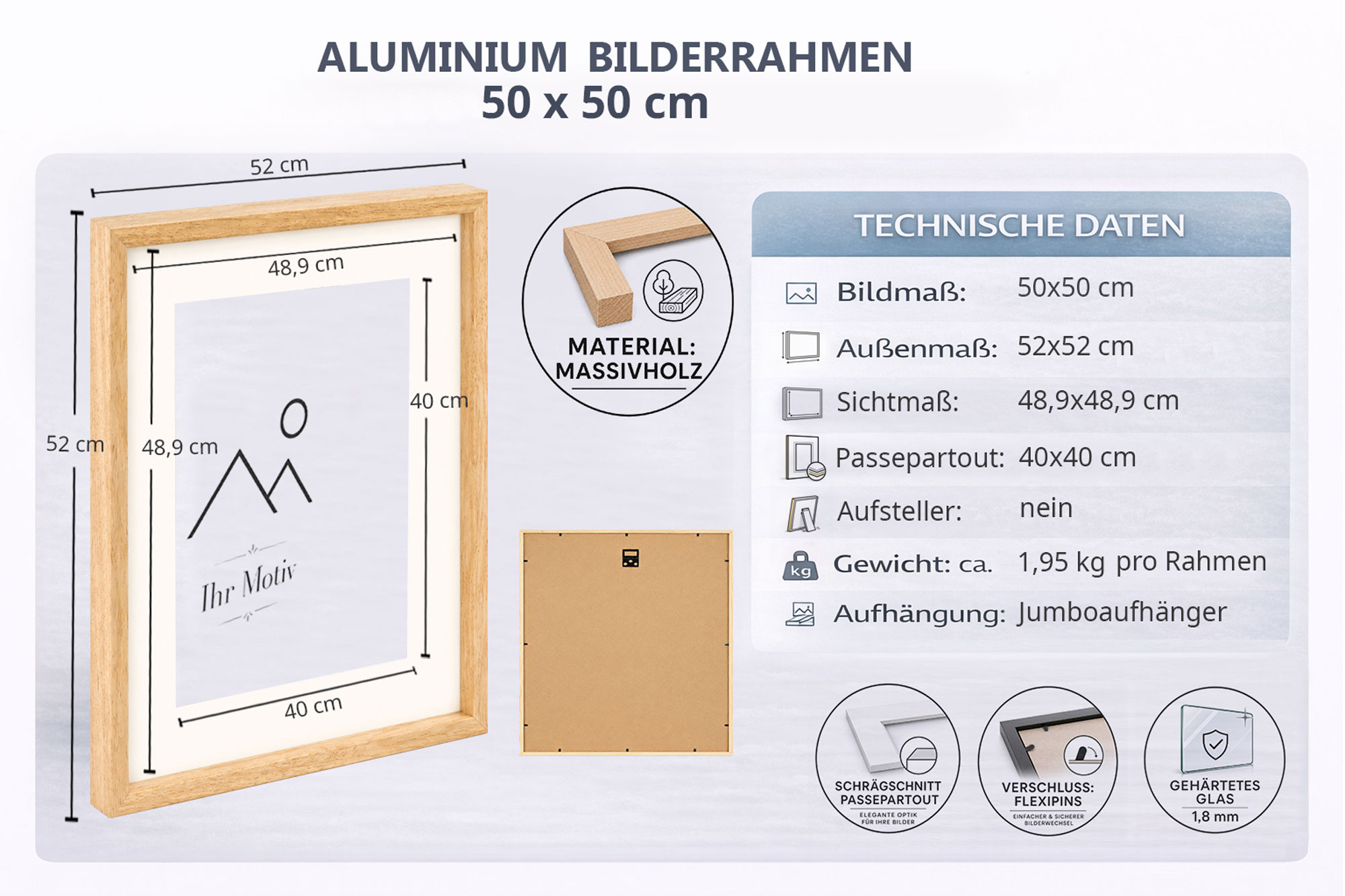 3D Objektrahmen Holz Bilderrahmen Wanddeko Collage Poster Shirt Trikot Rahmen HR - Farbe: Natur | Format: 50x50