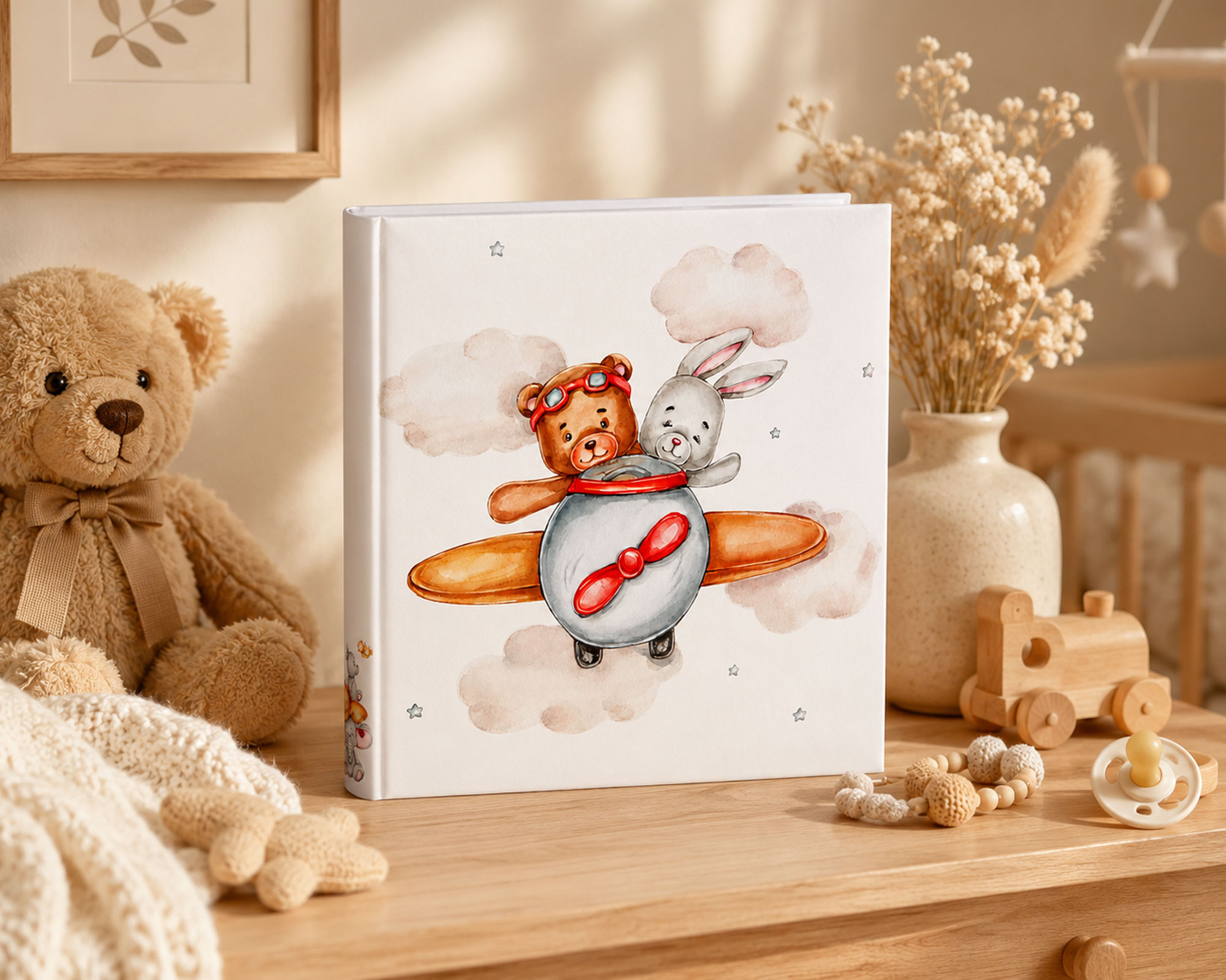 Cat & Bears Fotoalbum 30x30 cm 100 weiße Seiten Baby Kinder Foto Album Fotobuch - Farbe: Flügzeug