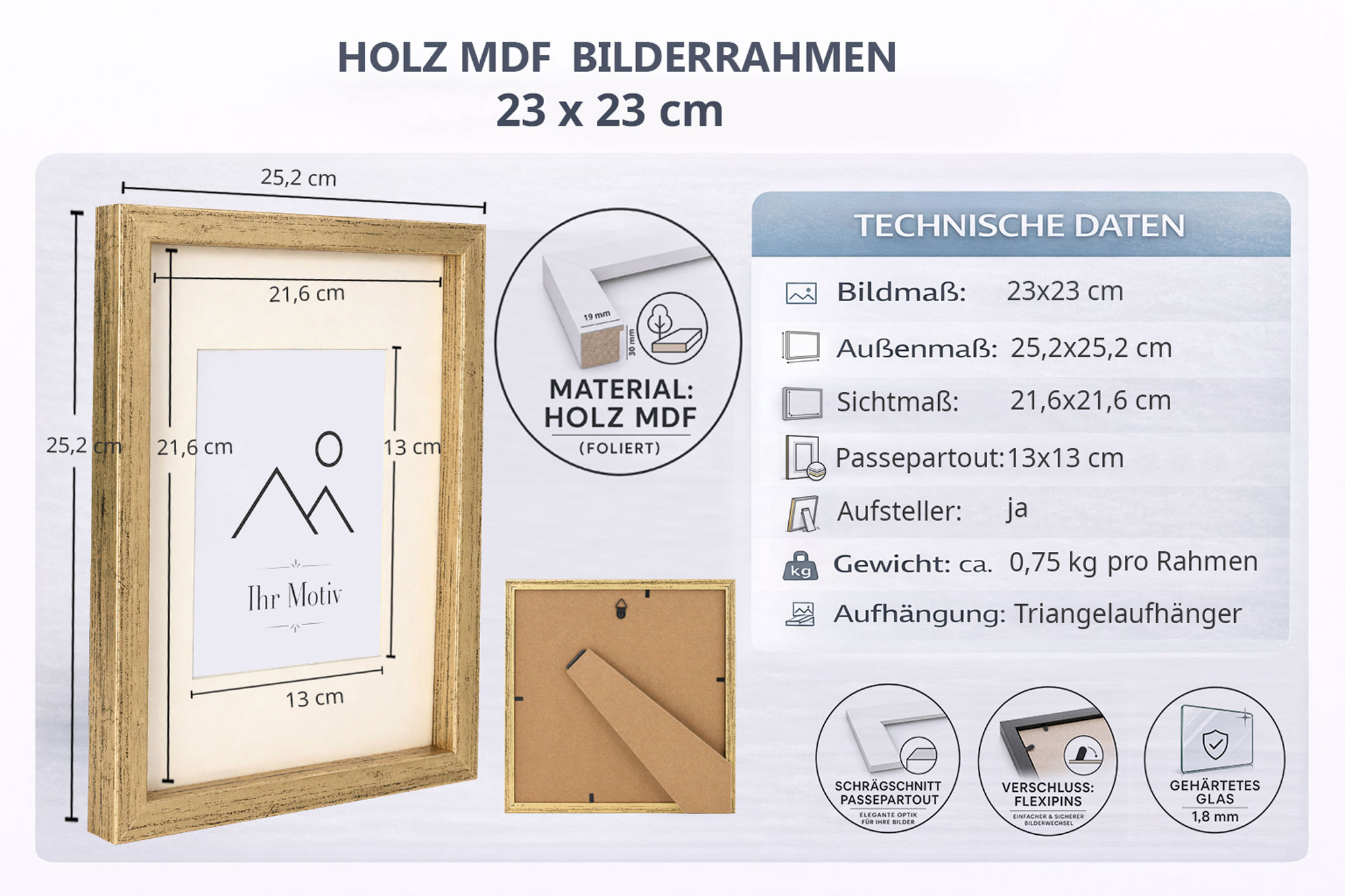 3D Objektrahmen Bilderrahmen mit Passepartout & gehärtetem Glas Holz MDF Rahmen Foto Poster - Farbe: Gold-Antik | Format: 23x23