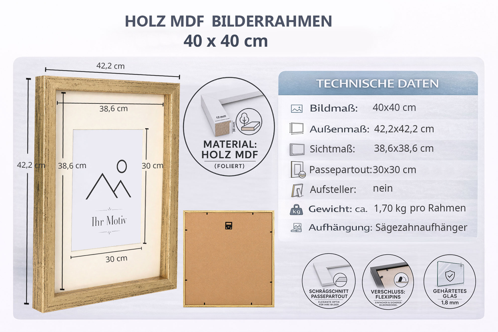 3D Objektrahmen Bilderrahmen mit Passepartout & gehärtetem Glas Holz MDF Rahmen Foto Poster - Farbe: Weiß | Format: 40x40