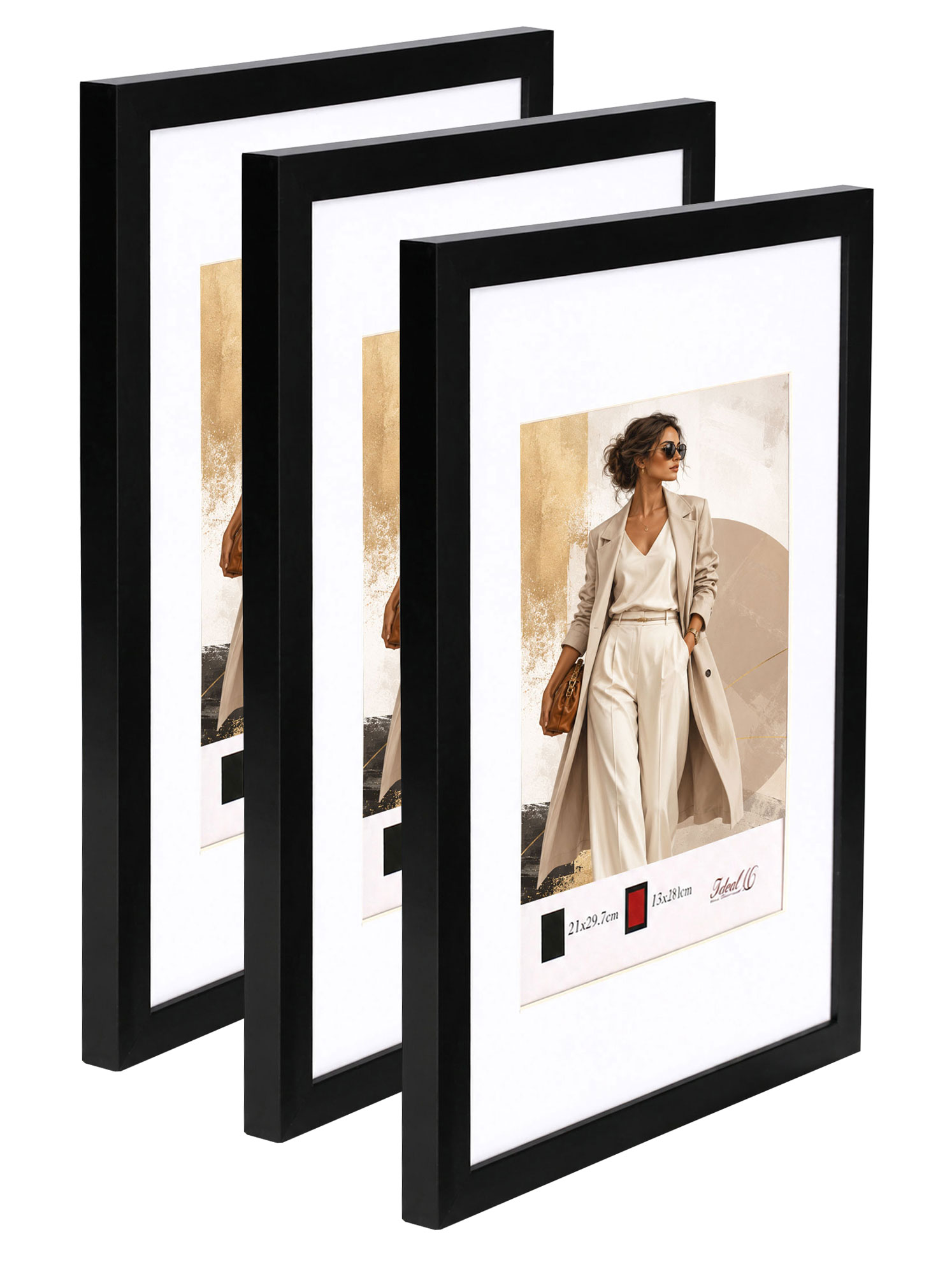 Kunststoff Bilderrahmen Modern Style mit gehärtetem Glas & Passepartout Blockprofil Collage Foto Rahmen Wanddeko für Fotowand - Farbe: Schwarz | Format: 40x50 | Pack: 3