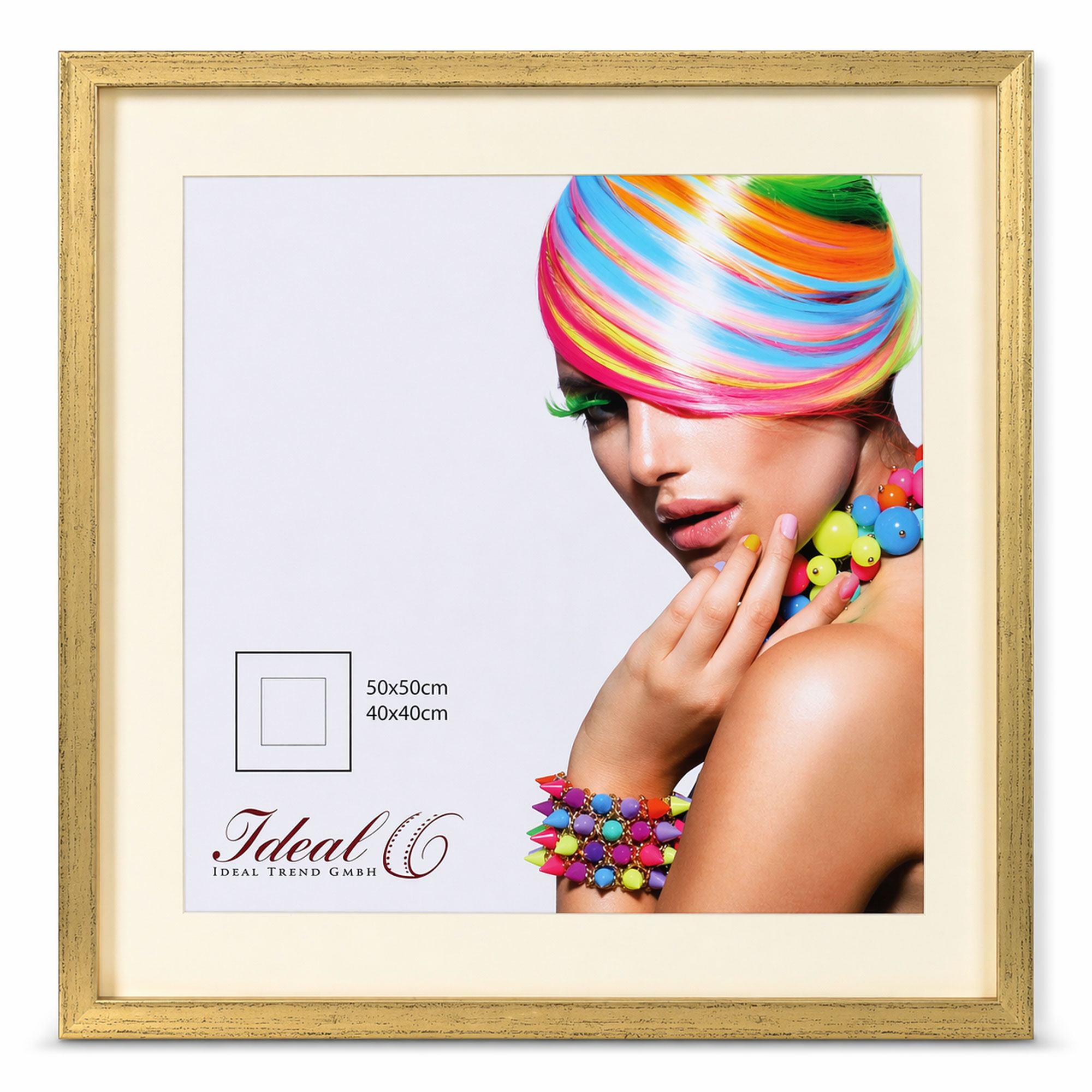 3D Objektrahmen Bilderrahmen mit Passepartout & gehärtetem Glas Holz MDF Rahmen Foto Poster - Farbe: Gold-Antik | Format: 50x50