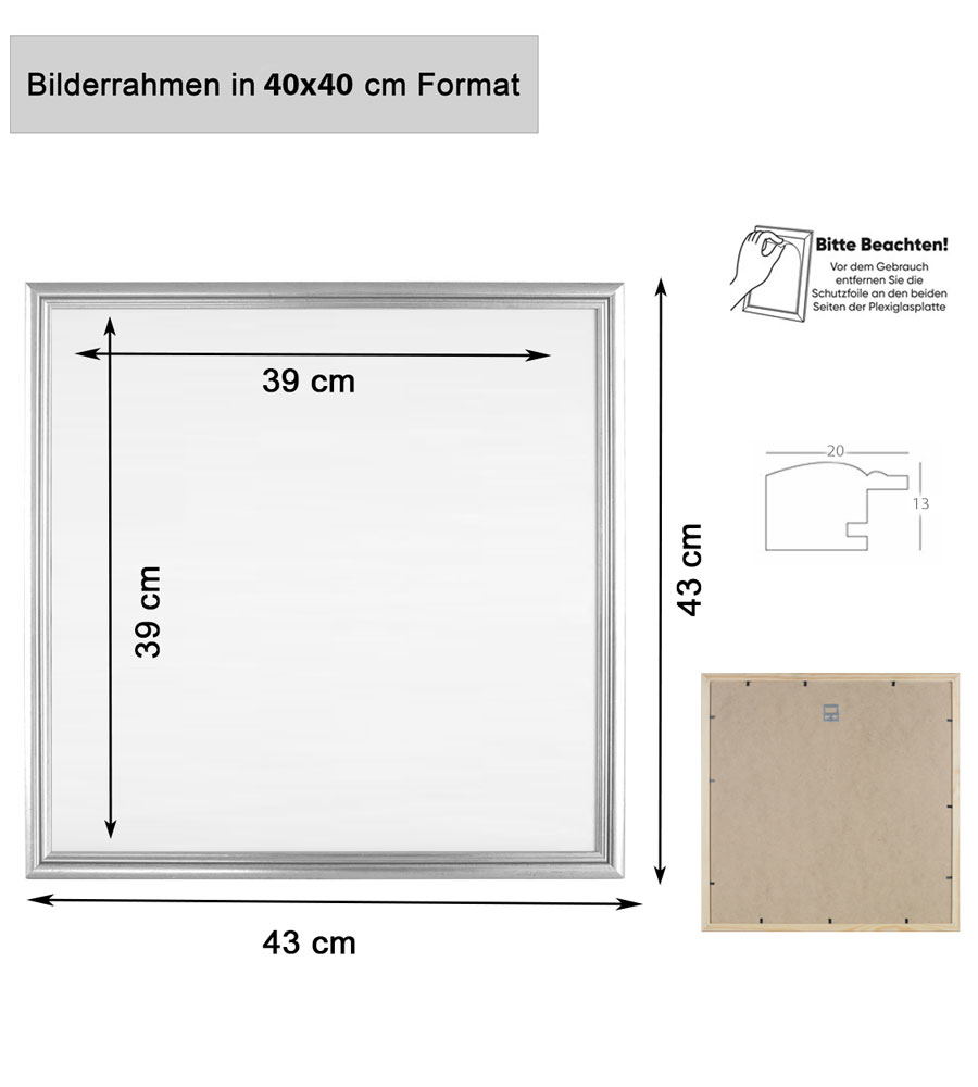 Artos Holz Bilderrahmen Acrylglas Plexi Lifestyle Foto Rahmen Collage Wanddeko Poster - Farbe: Silber | Format: 40x40