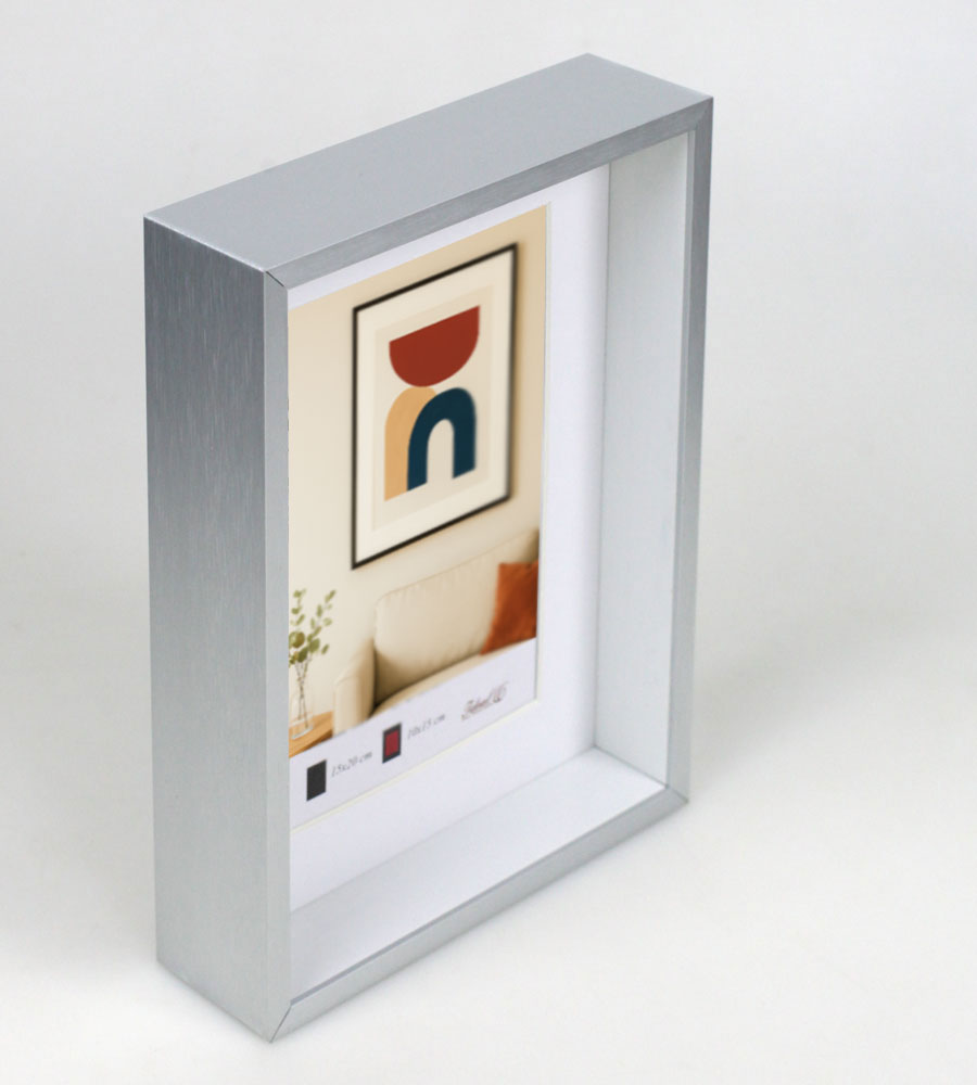 Aluminium Bilderrahmen 3D Rahmen mit Passepartout & gehärtetem Glas Fotorahmen Wandrahmen AL-3 - Farbe: Silber | Format: 15x20