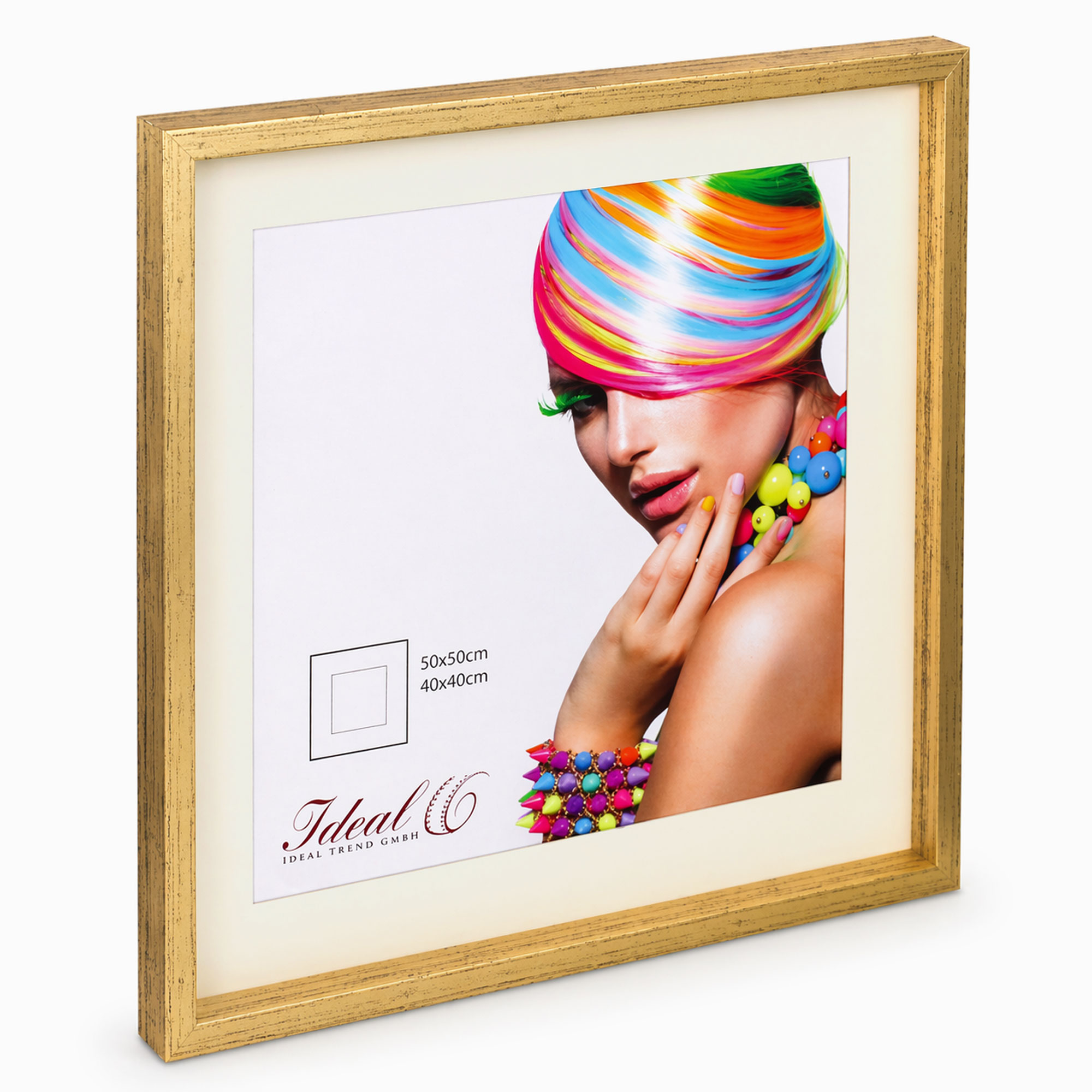 3D Objektrahmen Bilderrahmen mit Passepartout & gehärtetem Glas Holz MDF Rahmen Foto Poster - Farbe: Gold-Antik | Format: 50x50