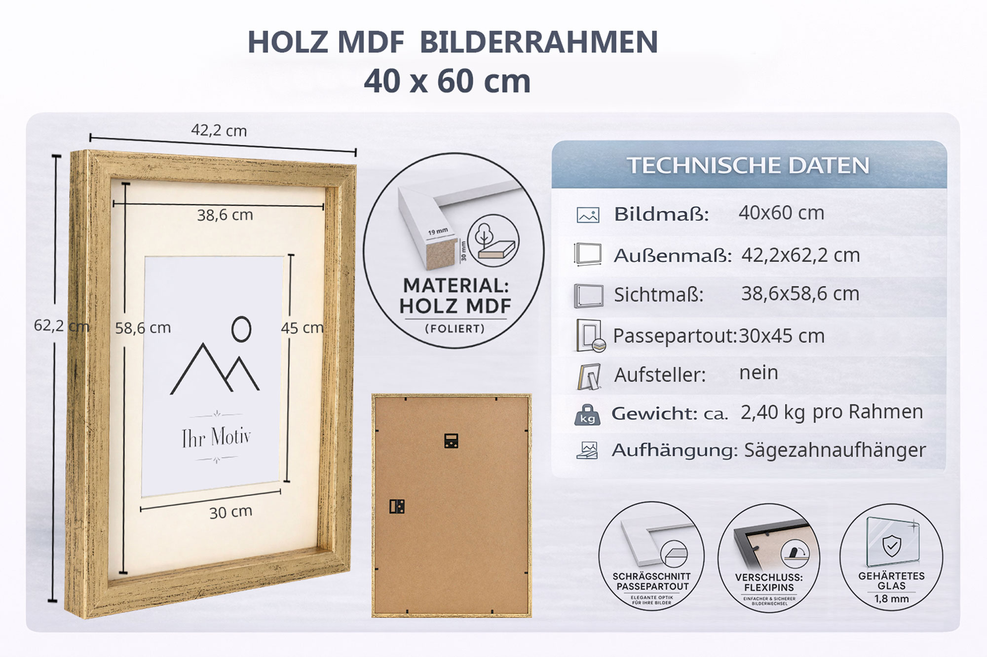 3D Objektrahmen Bilderrahmen mit Passepartout & gehärtetem Glas Holz MDF Rahmen Foto Poster - Farbe: Schwarz | Format: 40x60